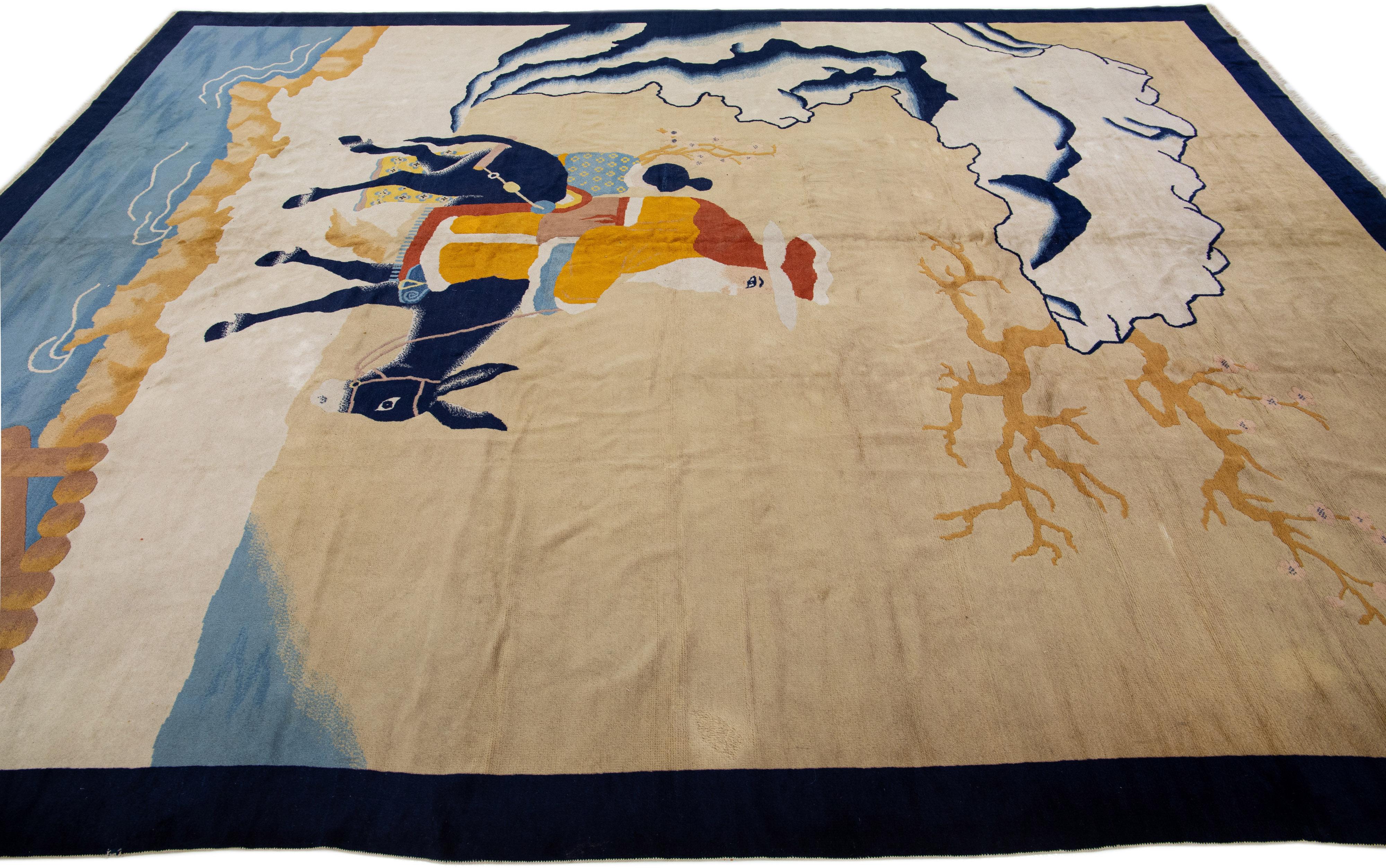 Antique Chinese Art Deco Handmade Tan Wool Rug with Pictorial Design In Excellent Condition For Sale In Norwalk, CT