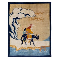 Antiquité chinoise Art Deco Tapis en laine fauve fait à la main avec un design pictural