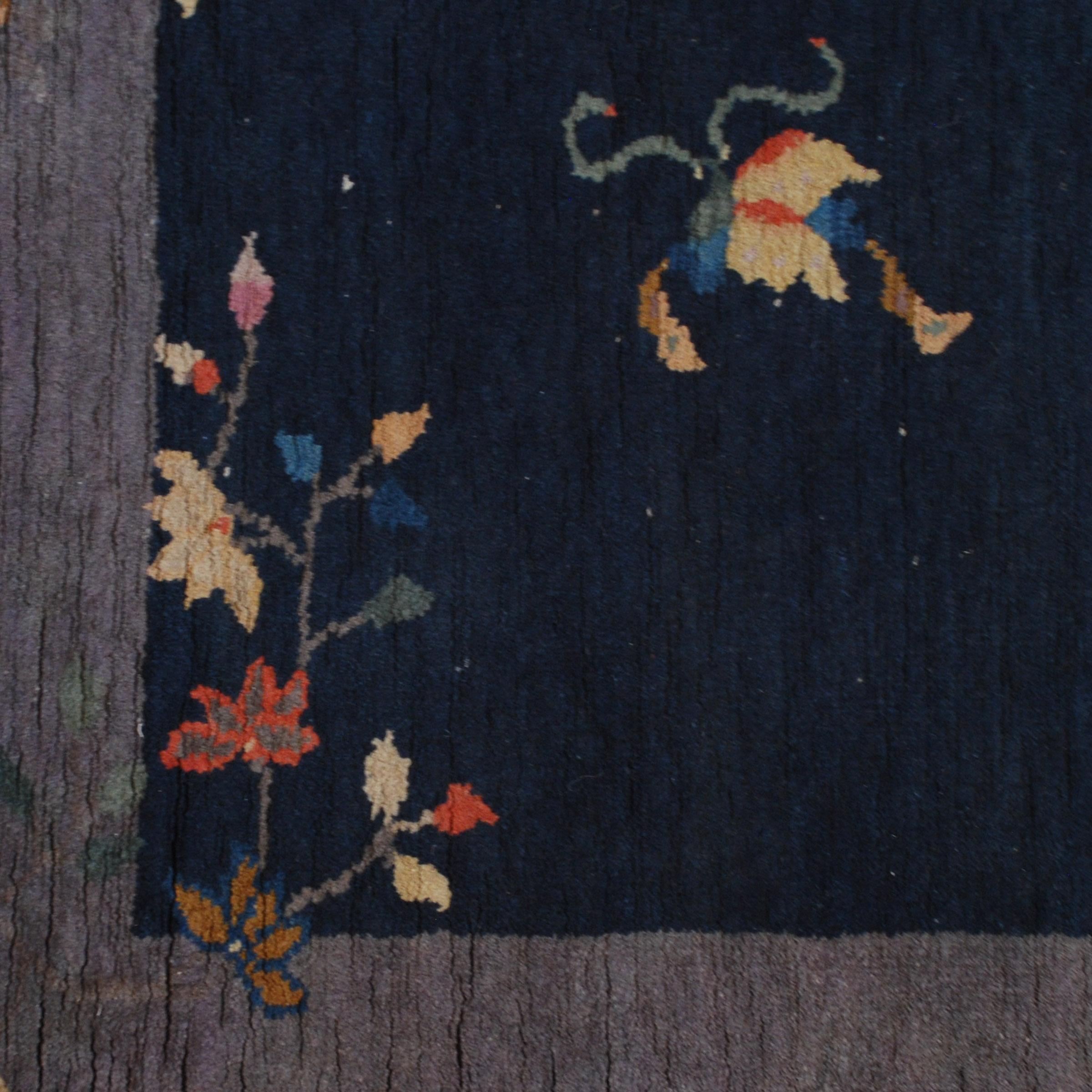 Early 20th Century Antique Chinese Art Deco Indigo Carpet, c. 1920