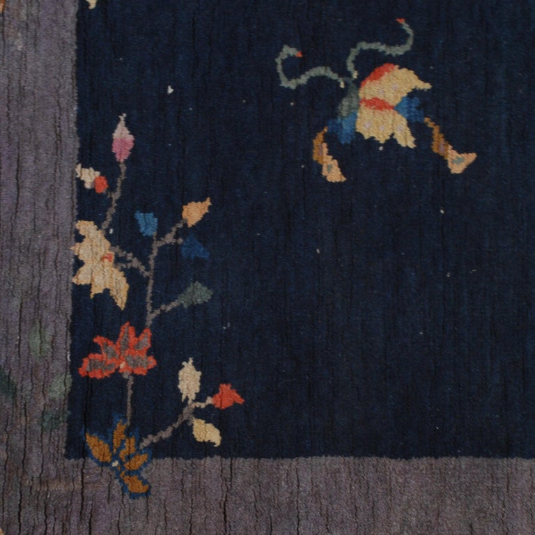 Early 20th Century Antique Chinese Art Deco Indigo Carpet, c. 1920 For Sale