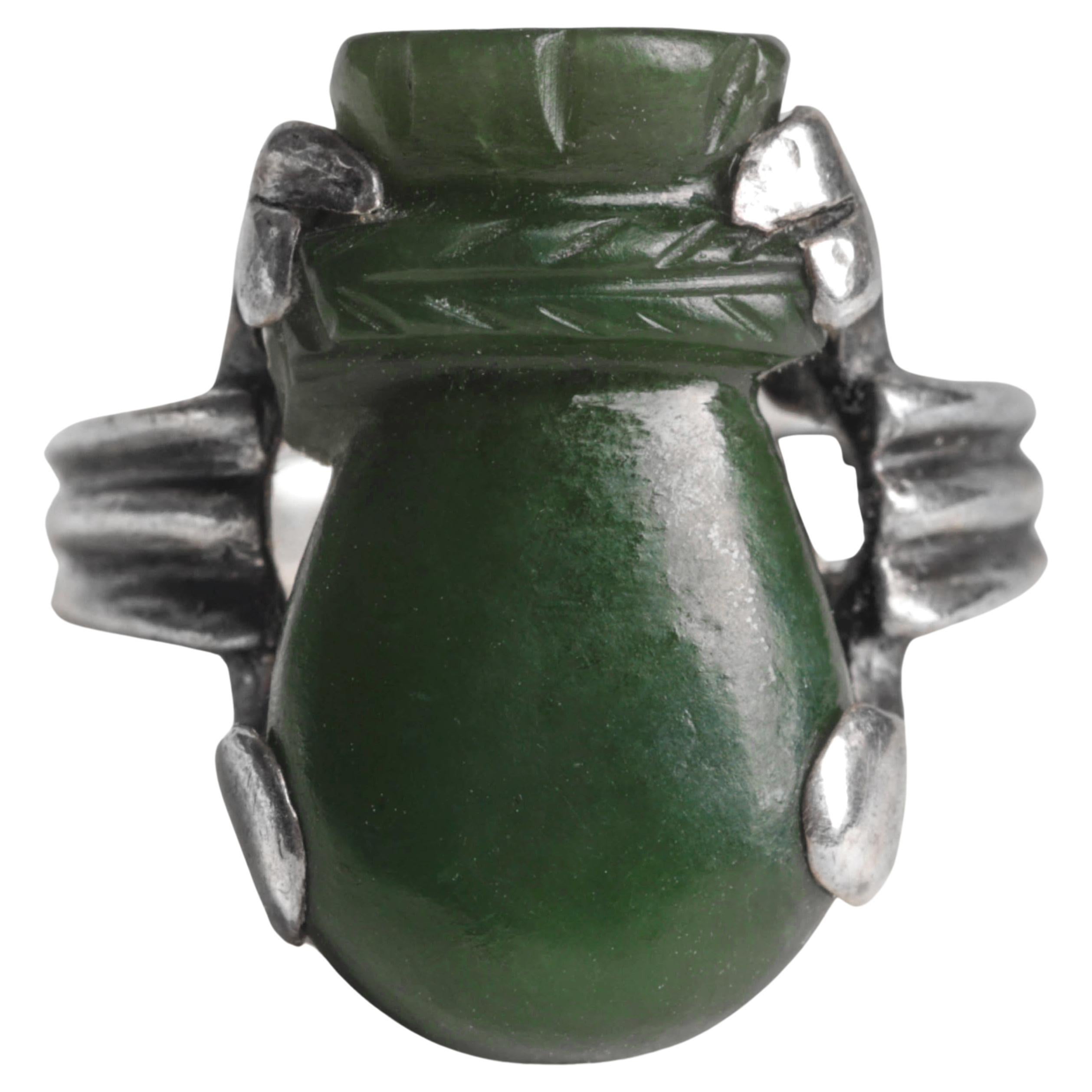Antique Chinese Art Deco Nephrite Ring Certified Untreated, Exquisite Old-School For Sale