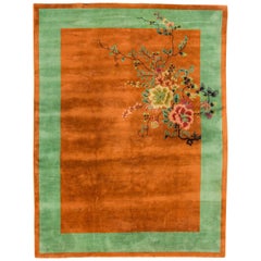 Antique Chinese Art Deco Orange Wool Rug