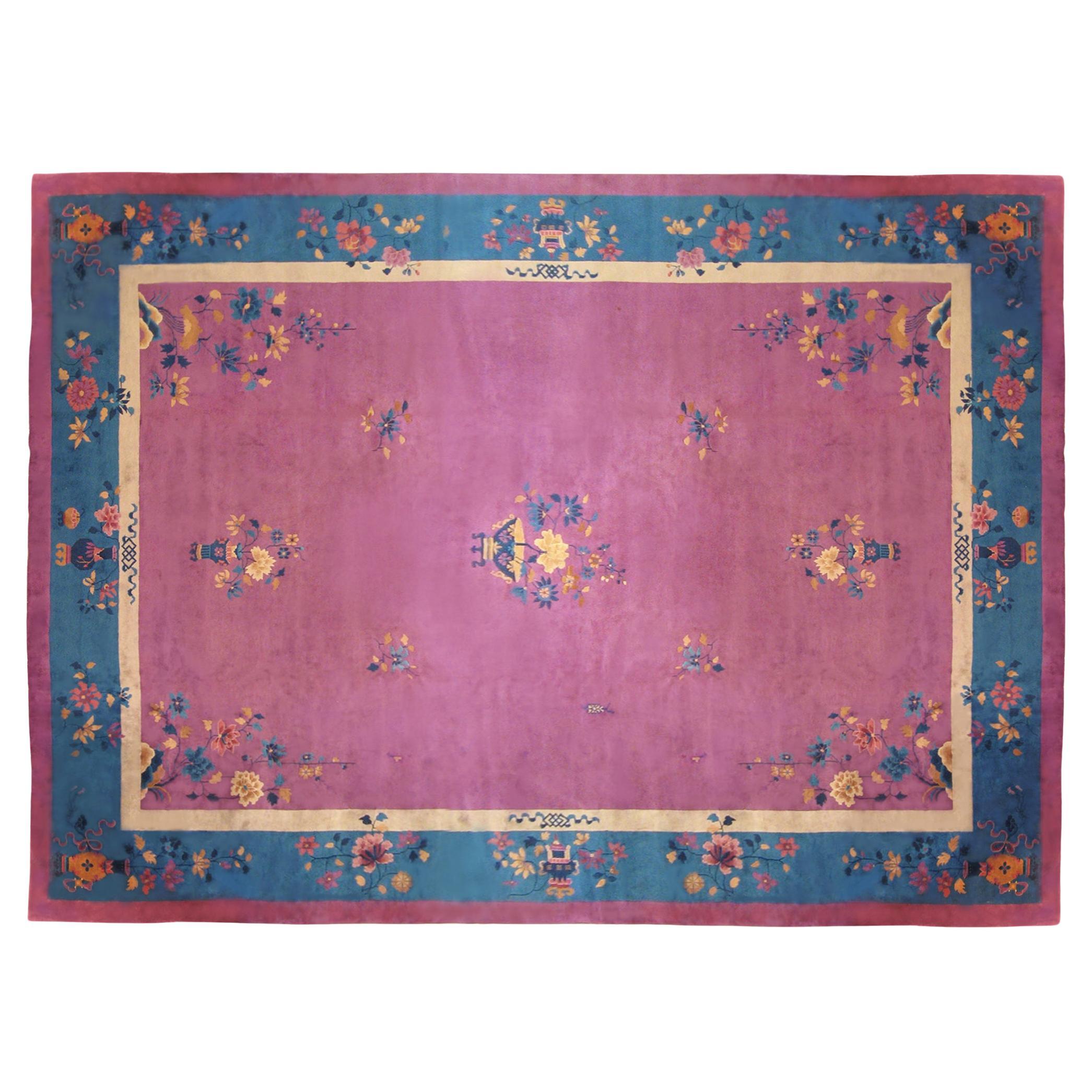 Antique Chinese Art Deco Oriental Rug in Room Size W Art Deco Motifs and Flowers For Sale