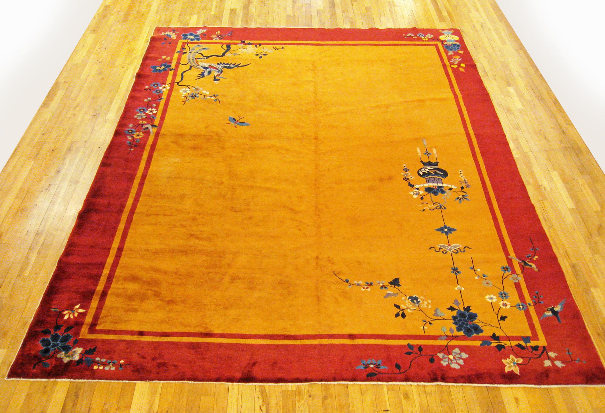 Antique Chinese Art deco Rug, Room size, circa 1920.

A one-of-a-kind antique Chinese Art deco oriental carpet, hand-knotted with medium thickness wool pile. This beautiful hand-knotted rug features art deco and chinese motifs allover a large gold