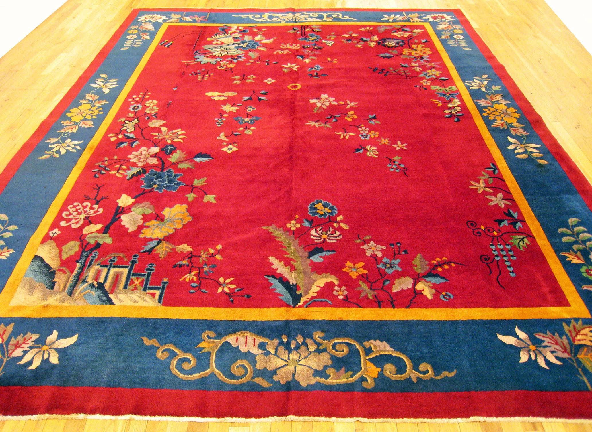 Antique Chinese Art deco rug, room size, circa 1920.

A one-of-a-kind antique Chinese Art deco oriental carpet, hand-knotted with medium thickness wool pile. This beautiful rug features art deco and chinese motifs on a large red open field, with a