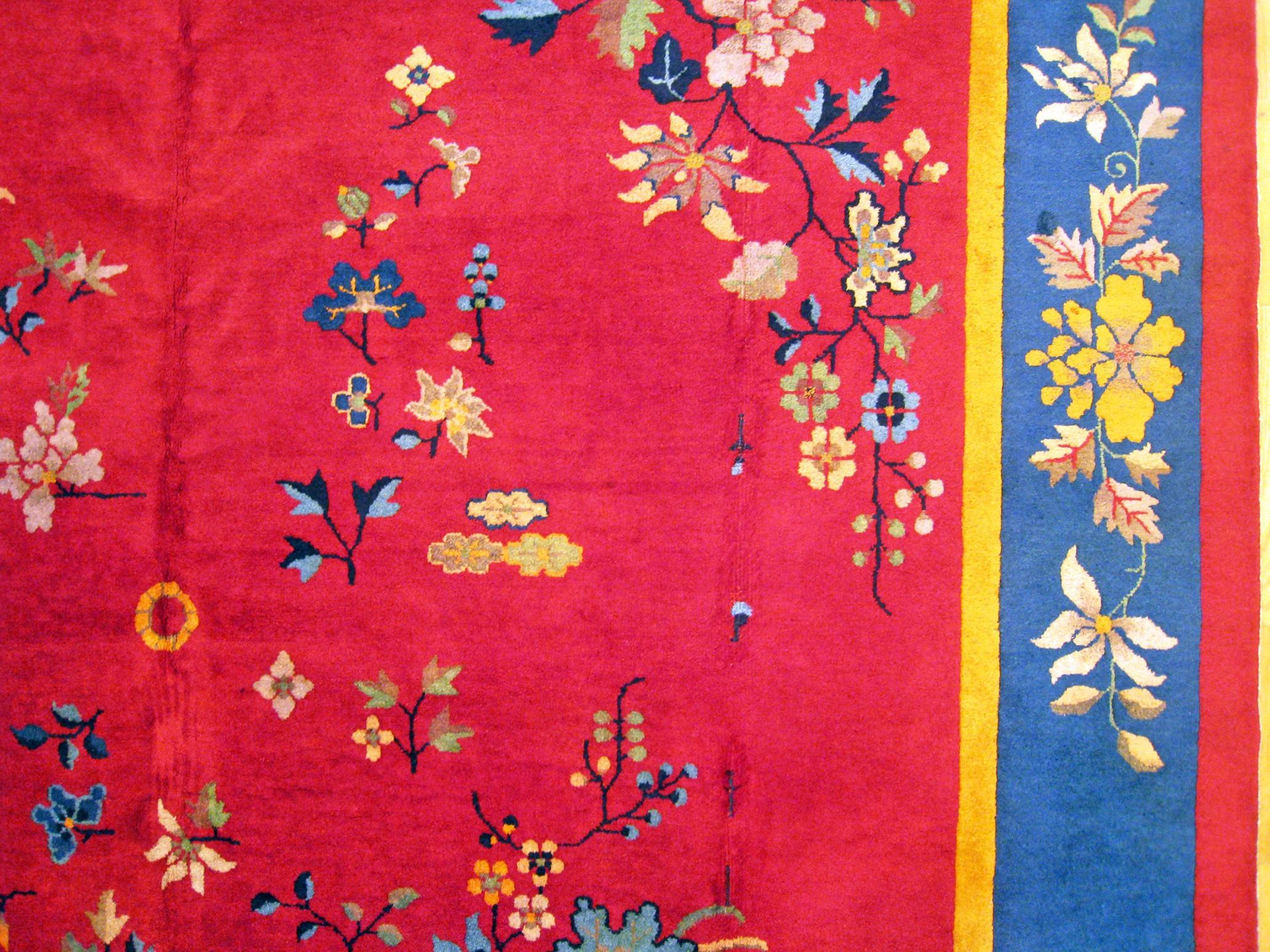 Wool Antique Chinese Art Deco Oriental Rug, in Room Size W Chinese Motifs and Flowers For Sale