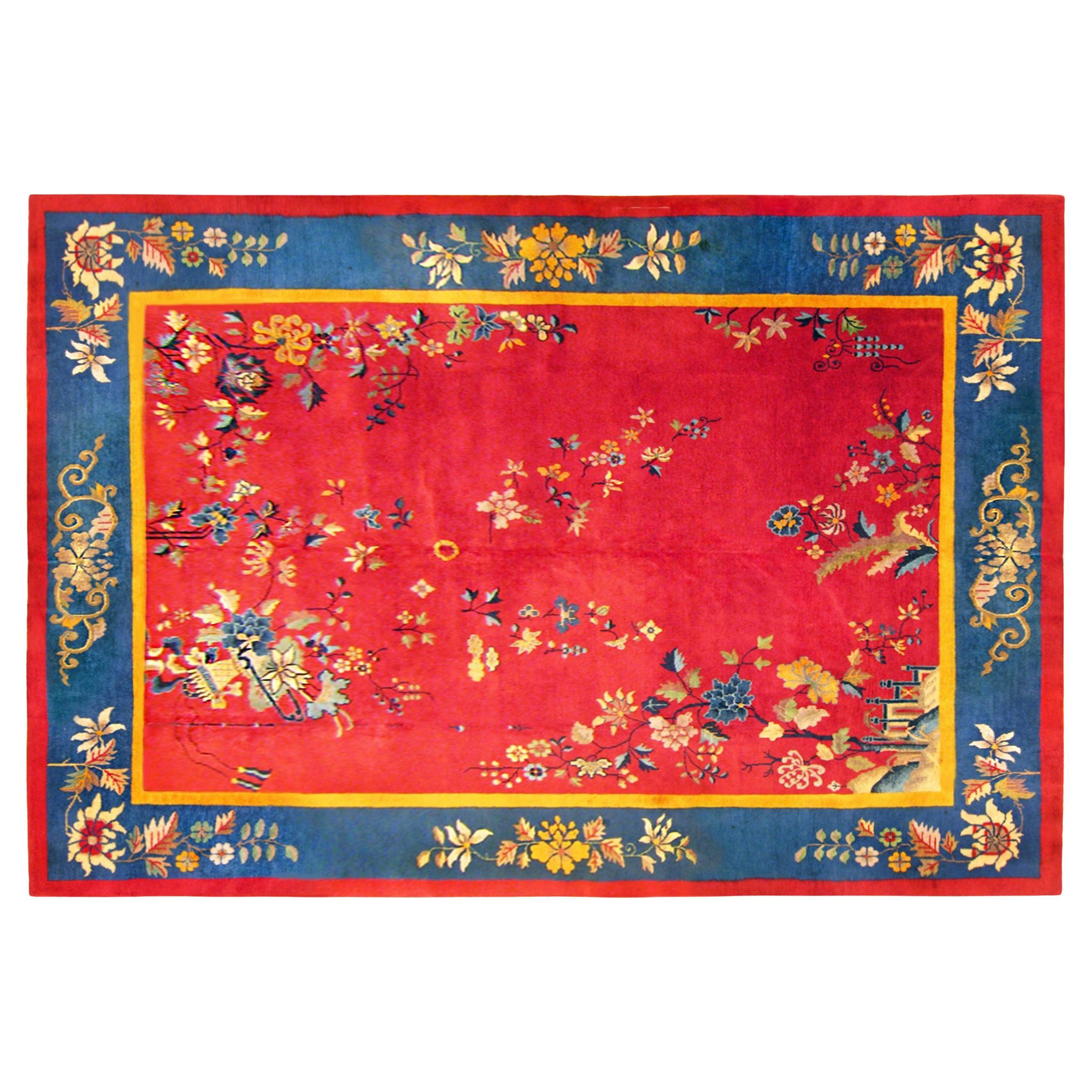 Tapis oriental Art Déco chinois ancien, taille standard, avec motifs et fleurs chinois