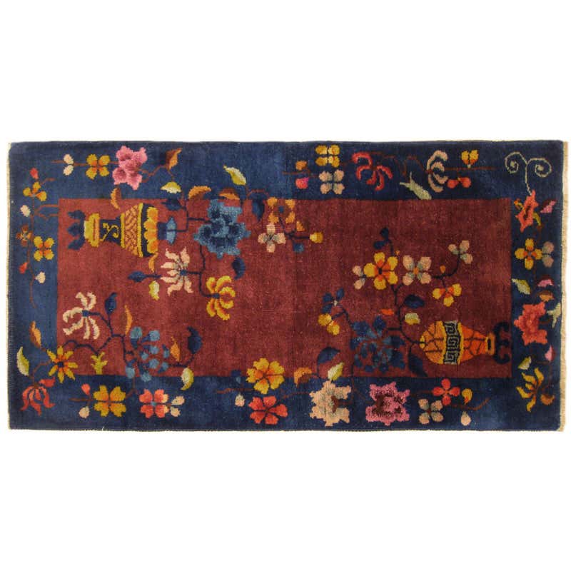 Antique Chinese Rug, Tan and Blue Oriental Handmade Wool Rug For Sale ...