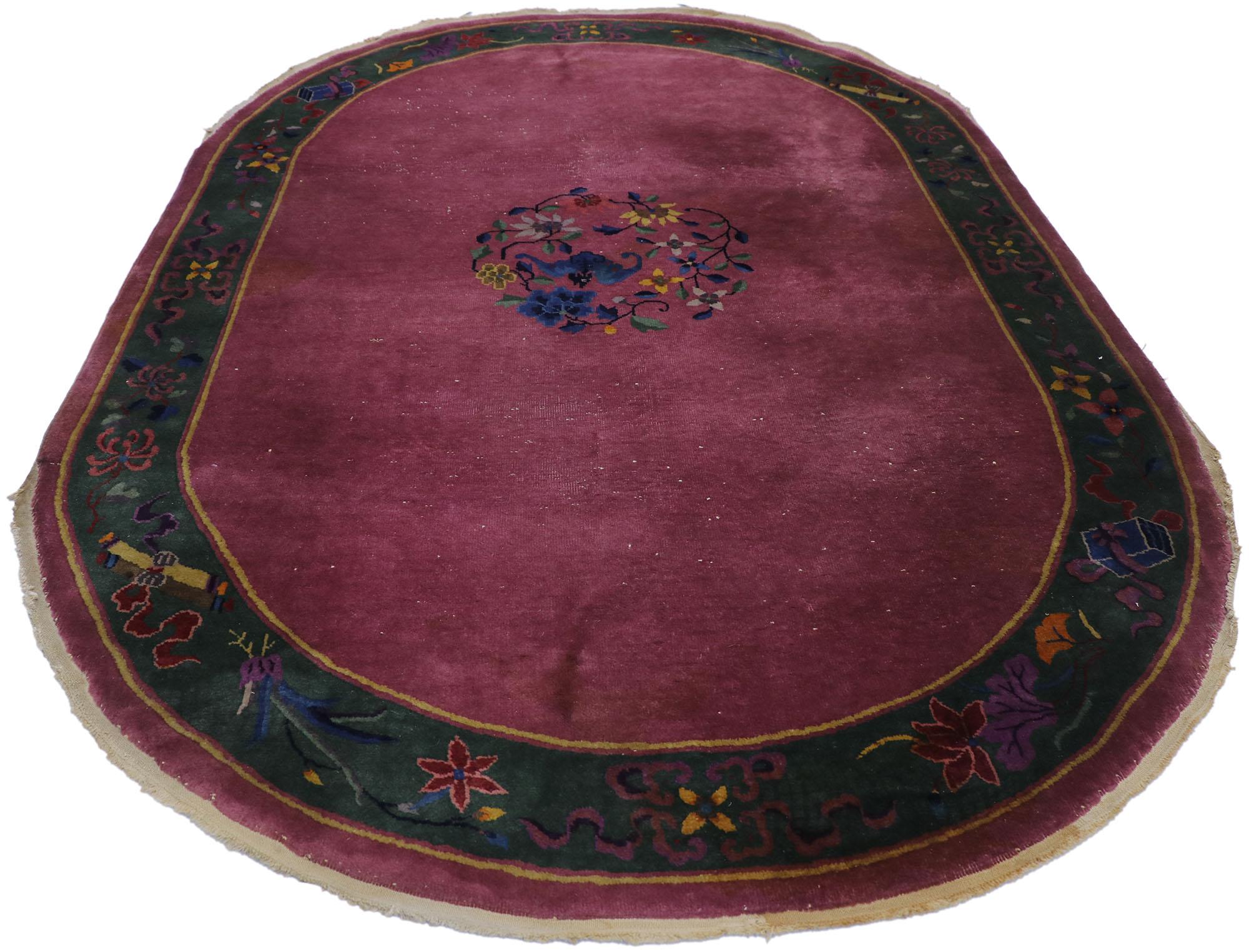 Hand-Knotted Antique Chinese Art Deco Oval Rug Inspired by Walter Nichols