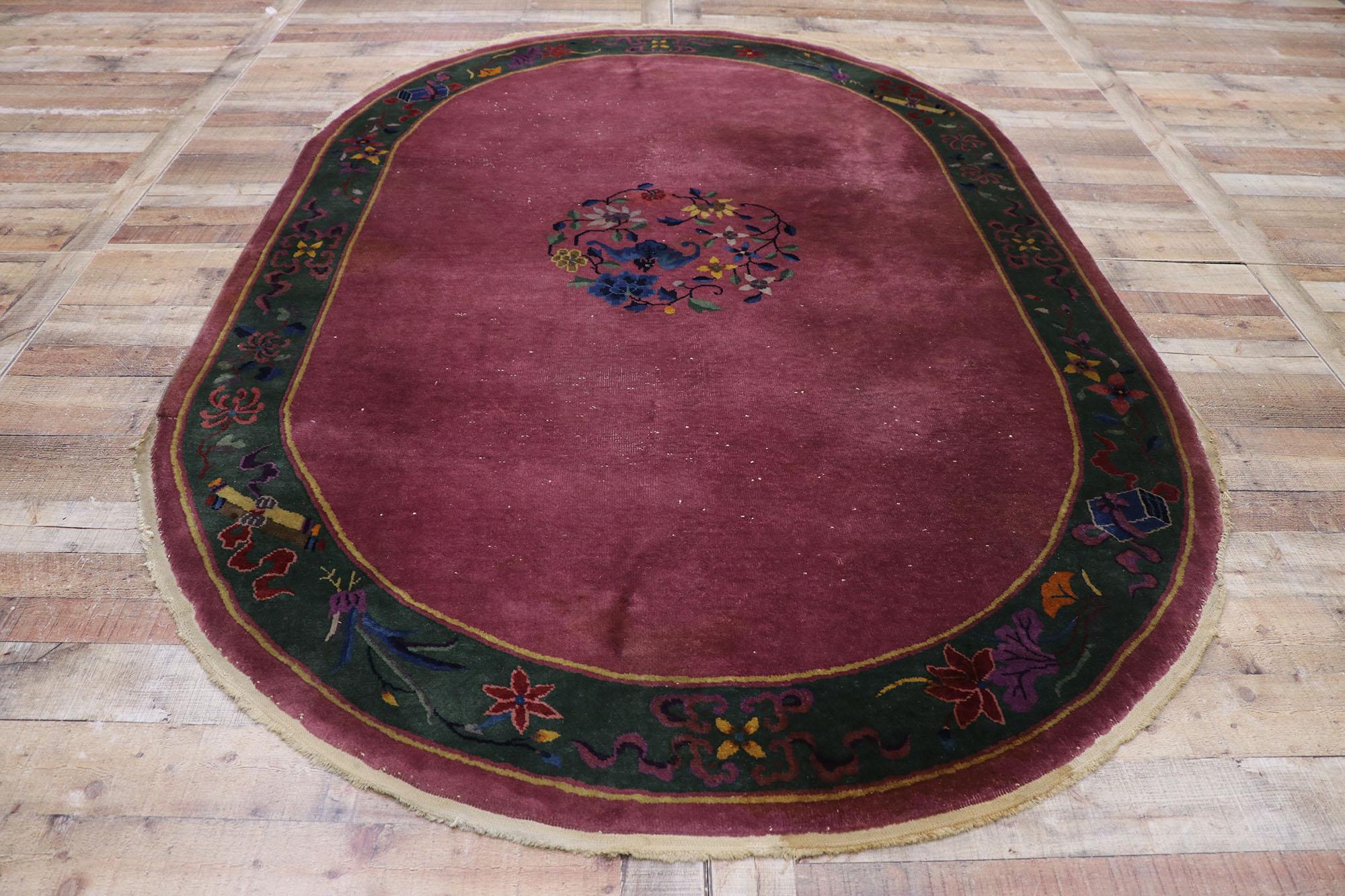 Antique Chinese Art Deco Oval Rug Inspired by Walter Nichols 1