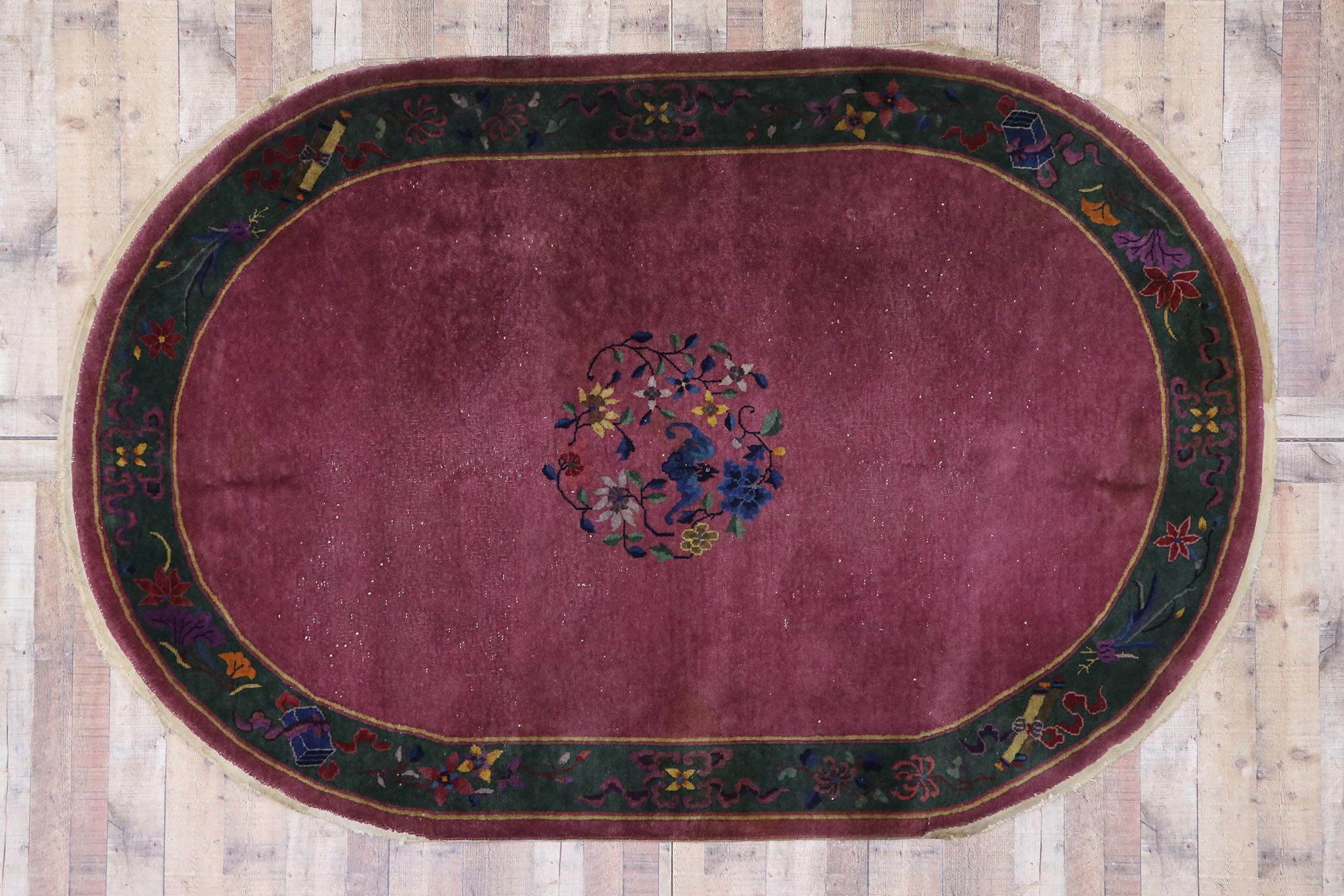 Antique Chinese Art Deco Oval Rug Inspired by Walter Nichols 2