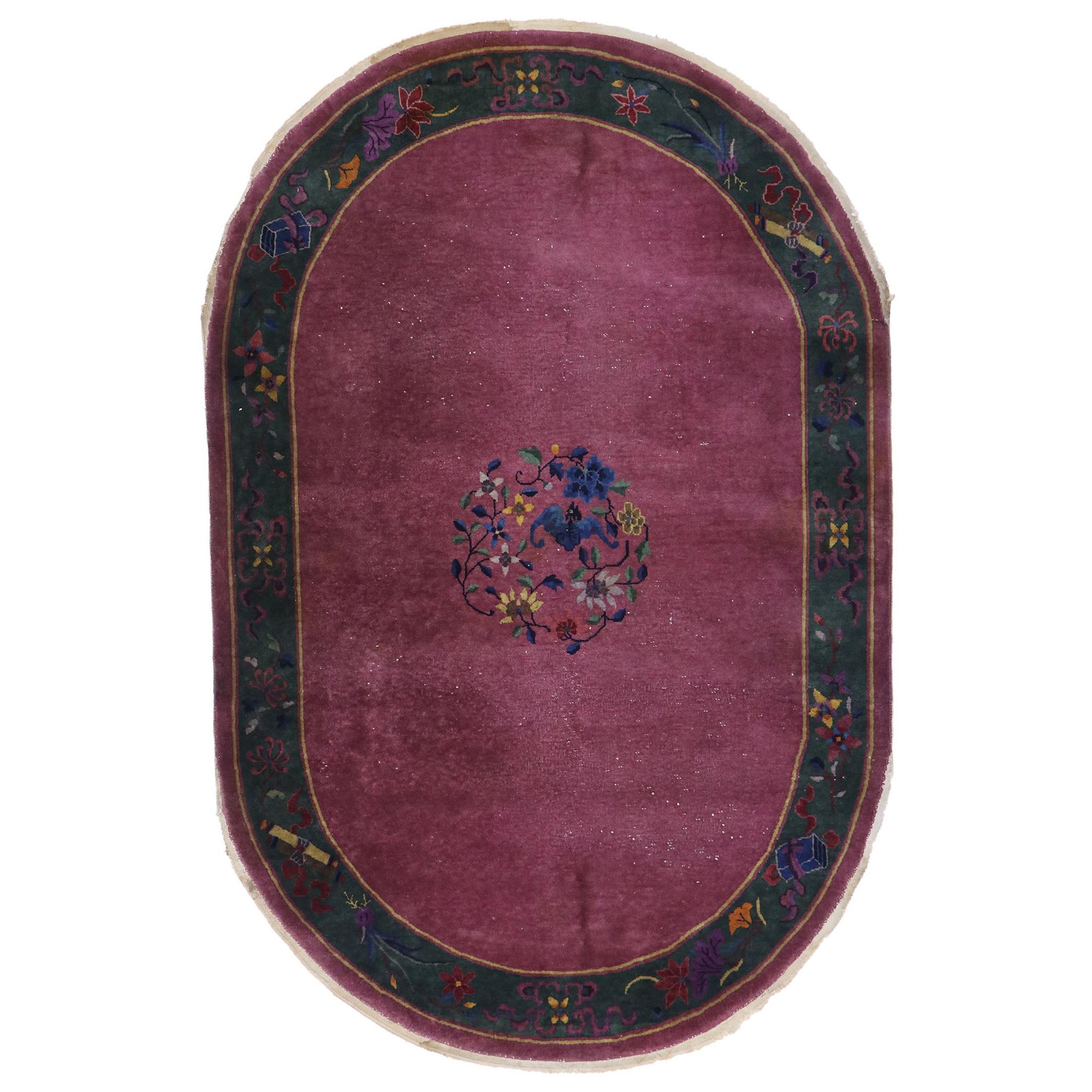 Antique Chinese Art Deco Oval Rug Inspired by Walter Nichols