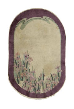 Antique Chinese Art Deco Oval Rug with Rising Irises and Lilac Border