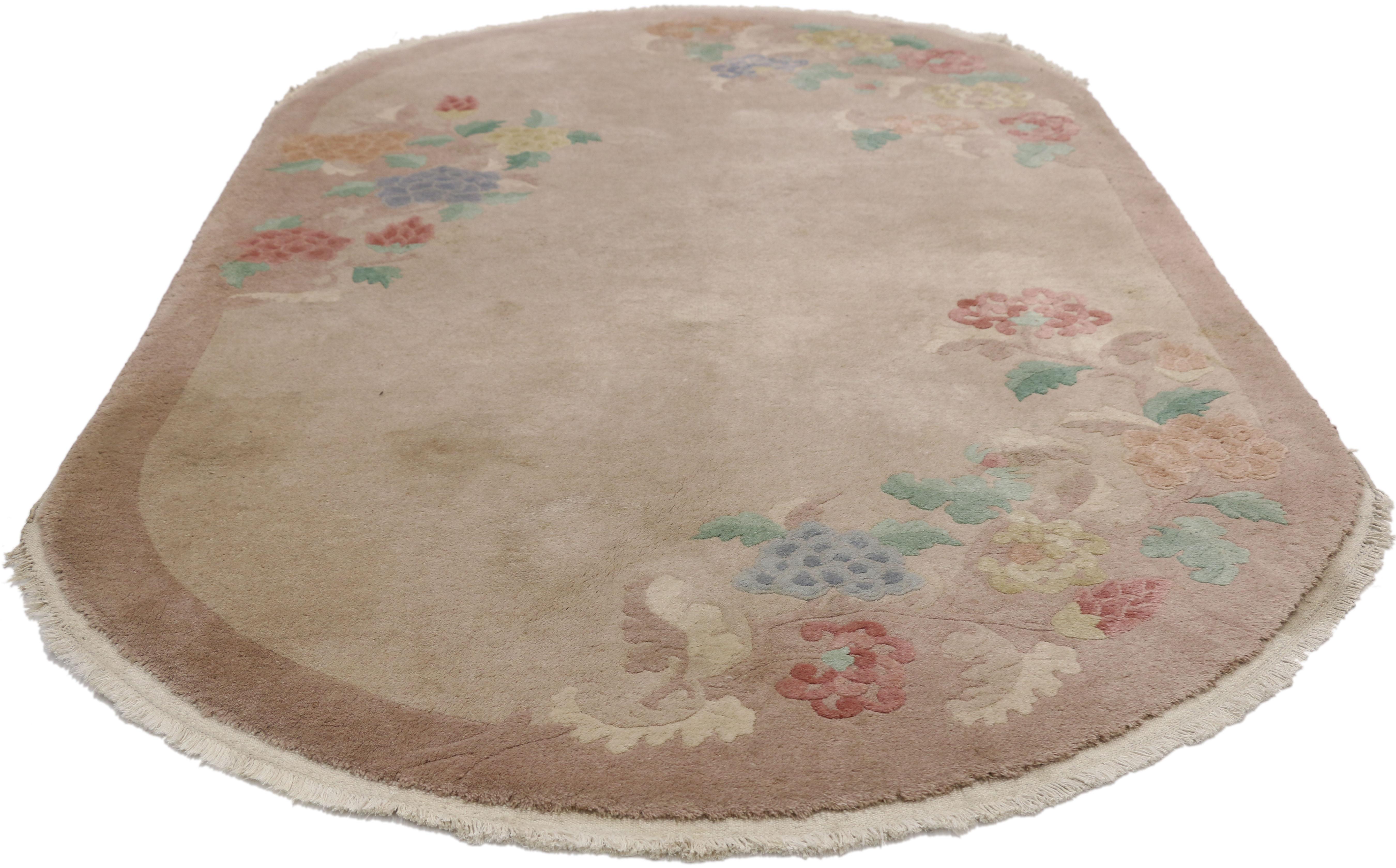 Hand-Knotted Antique Chinese Art Deco Oval Rug with Traditional Chinoiserie Style For Sale