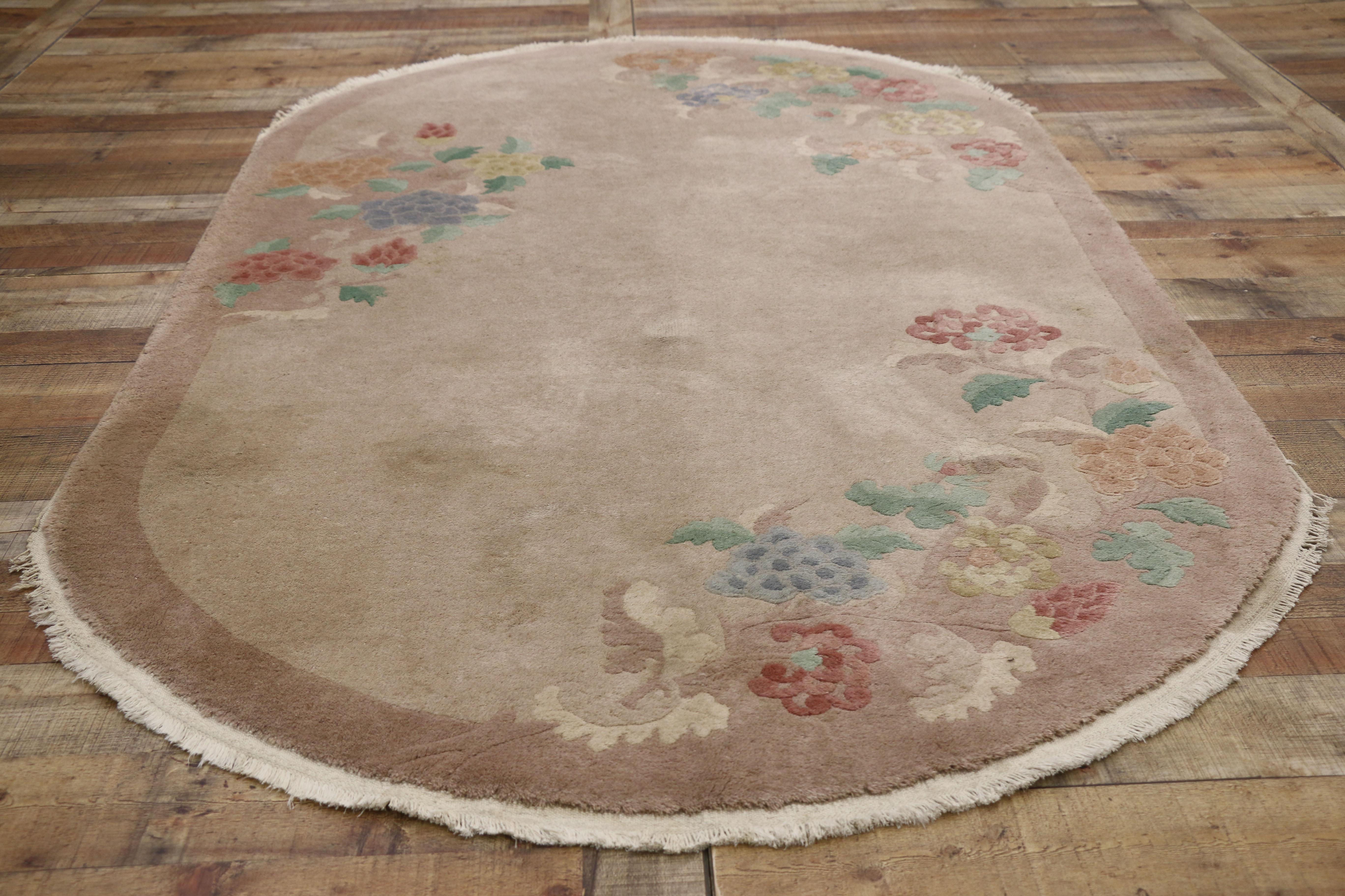 Antique Chinese Art Deco Oval Rug with Traditional Chinoiserie Style For Sale 1