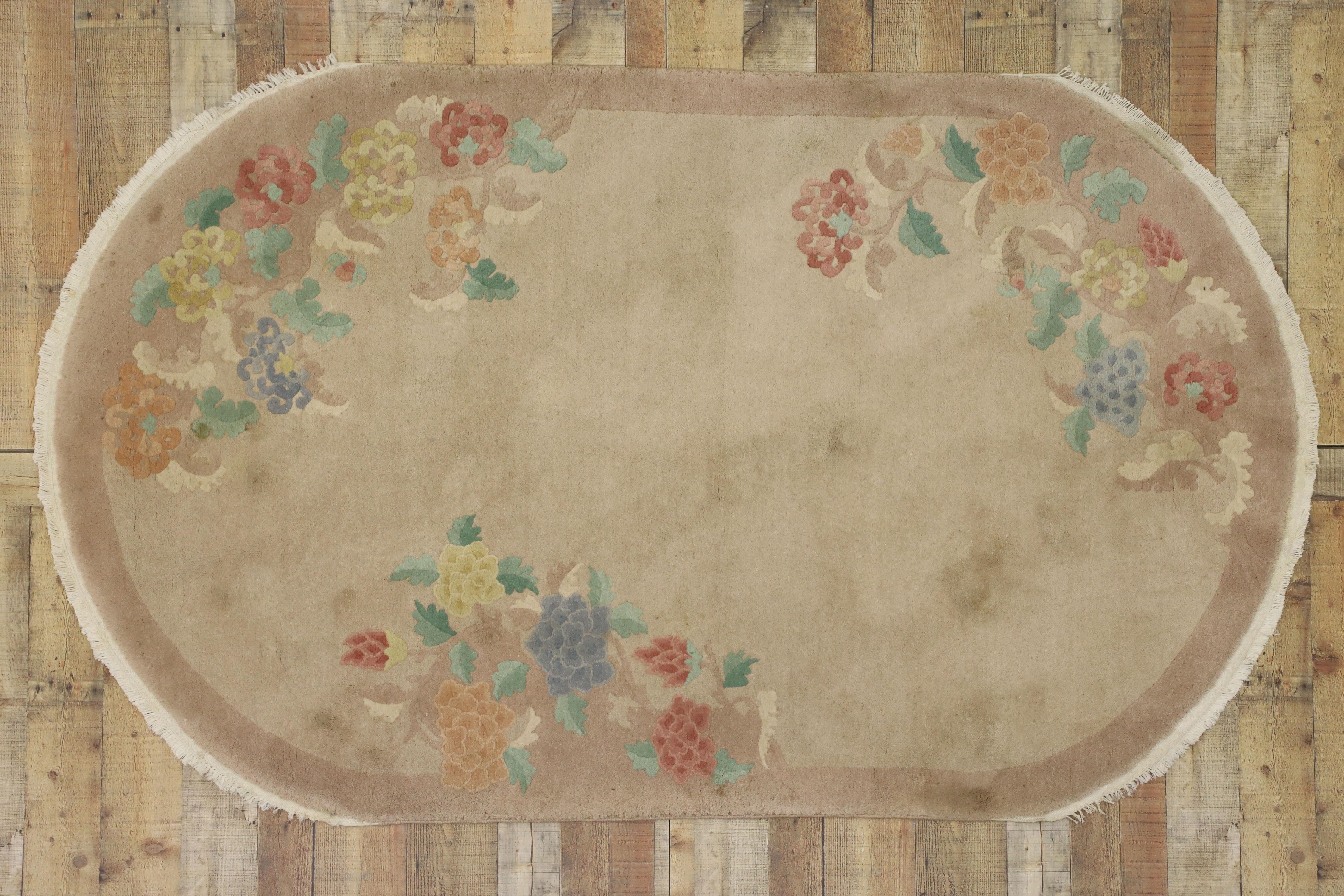 Antique Chinese Art Deco Oval Rug with Traditional Chinoiserie Style For Sale 2