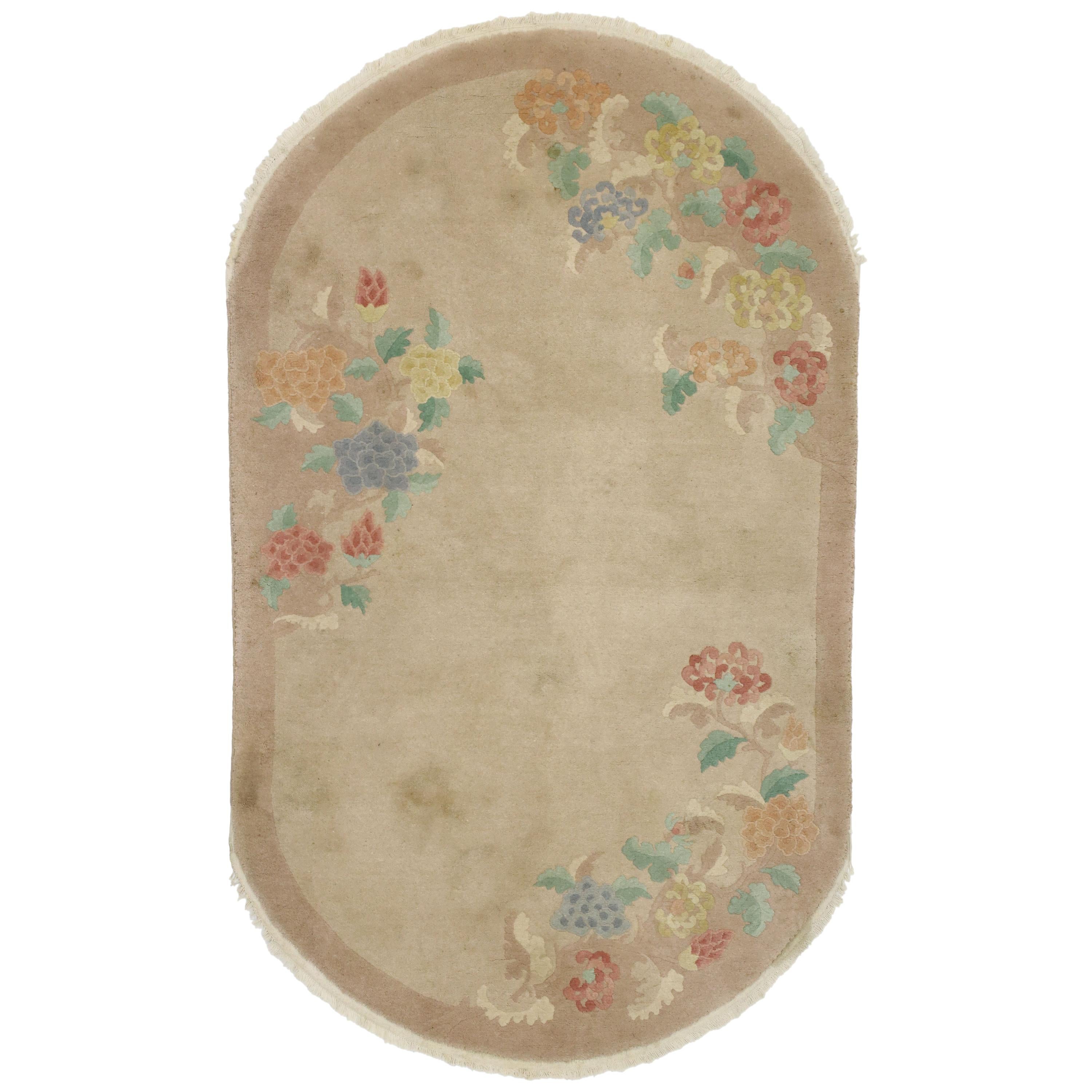 Antique Chinese Art Deco Oval Rug with Traditional Chinoiserie Style