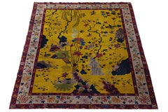 Ancien tapis chinois Art Déco "Pékin" en laine dorée Motif jardin (années 1920)
