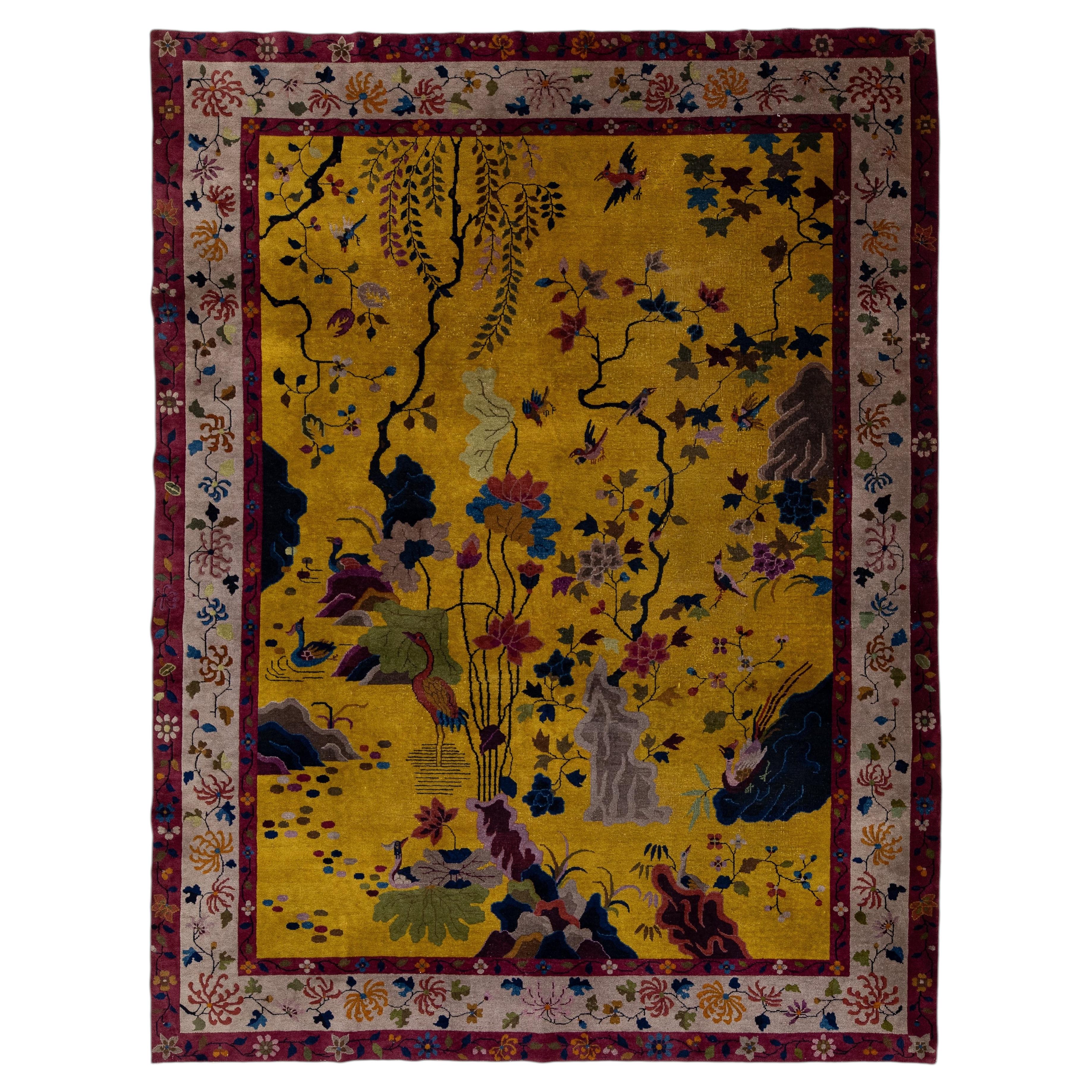 Antique Chinese Art Deco "Peking" Gold Wool Area Rug Garden Motif (1920s)