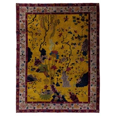 Ancien tapis chinois Art Déco "Pékin" en laine dorée Motif jardin (années 1920)