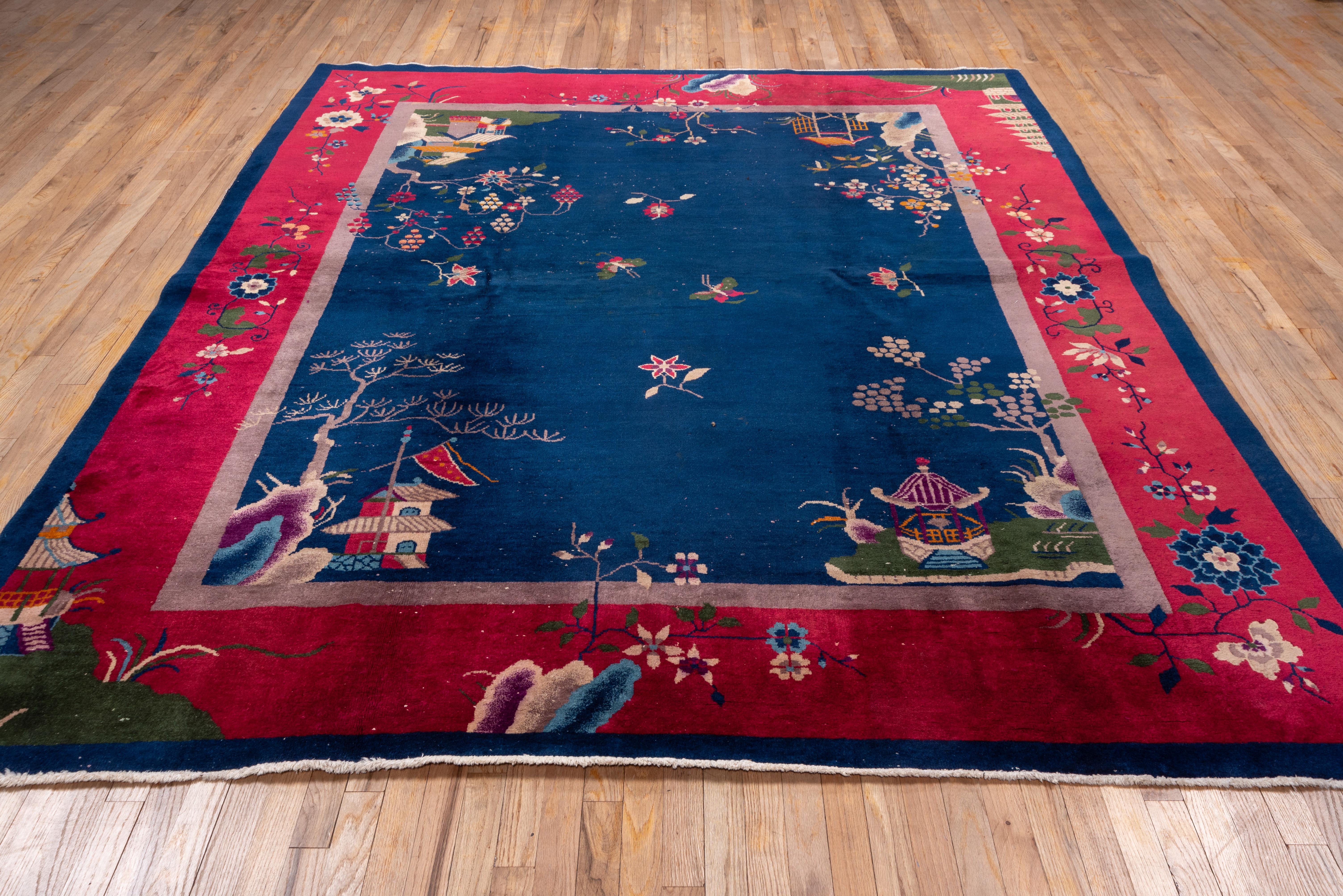 Mid-20th Century Antique Chinese Art Deco Peking Rug, Dark Blue Field, Red & Lilac Borders