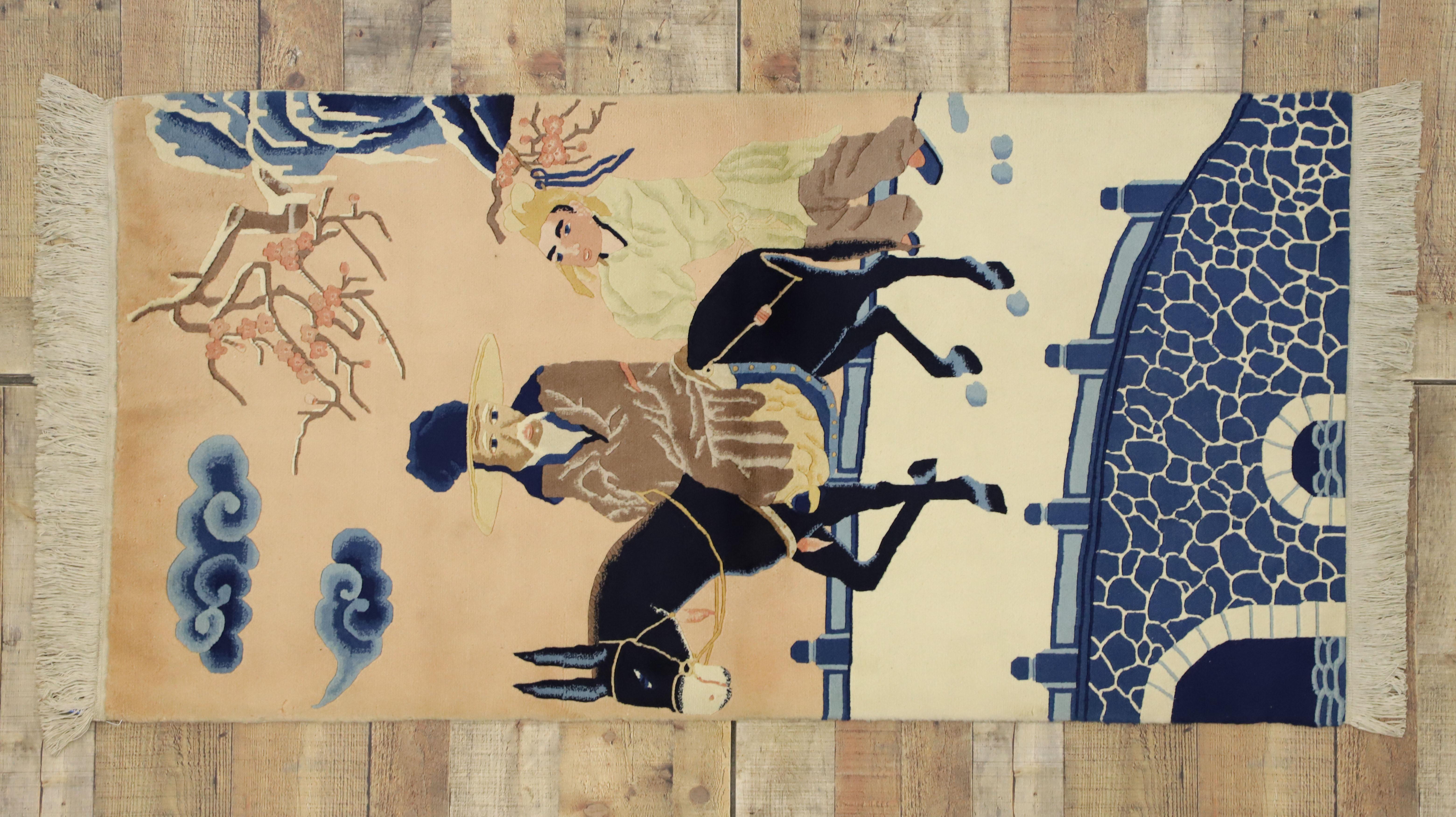 Antique Chinese Art Deco Peking Rug with Horse, Maximalism Asian Modern Tapestry 8