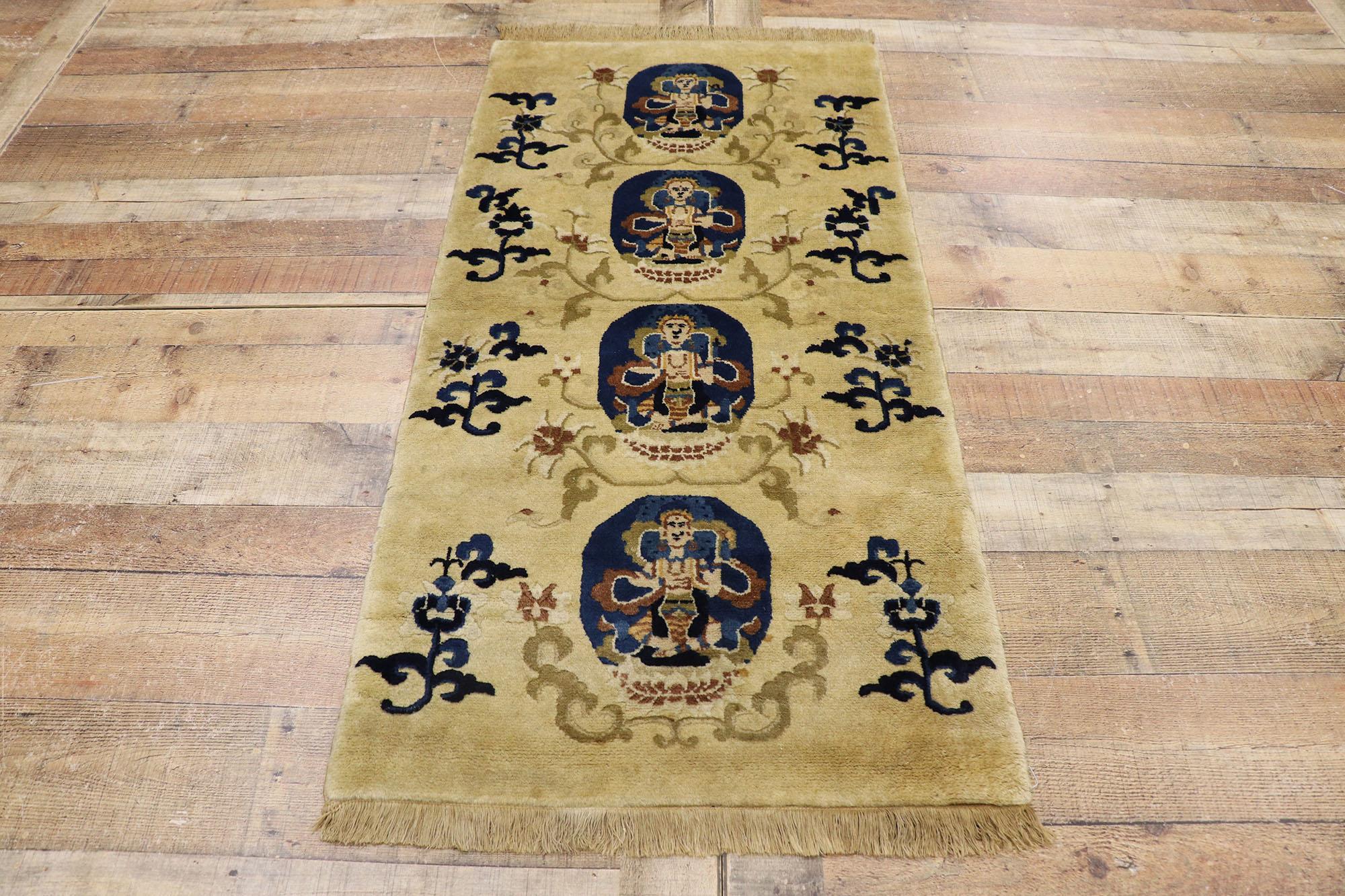 Wool Antique Chinese Art Deco Pictorial Rug with Buddha Statues For Sale