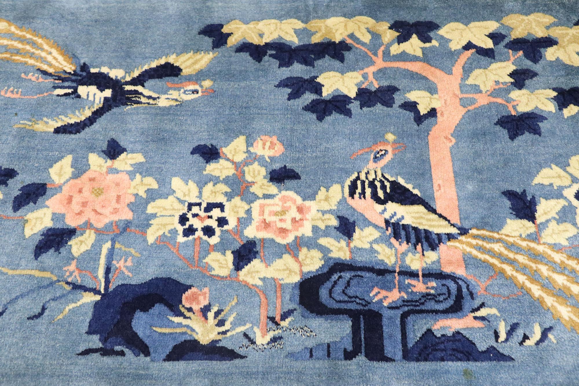 Noué à la main Ancien tapis pictural chinois Art Déco avec style Chinoiserie Chic en vente