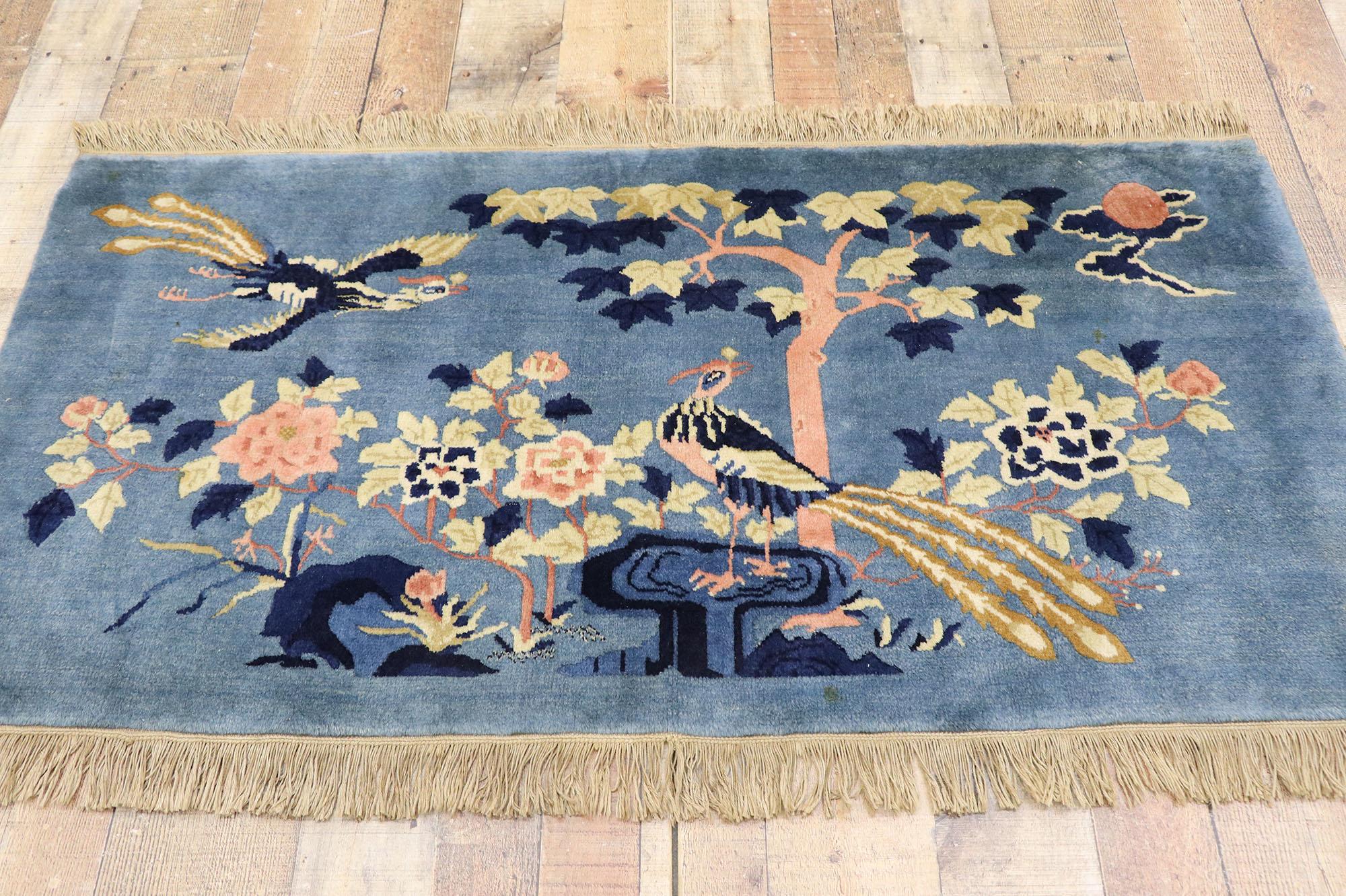 Wool Antique Chinese Art Deco Pictorial Rug with Chinoiserie Chic Style For Sale