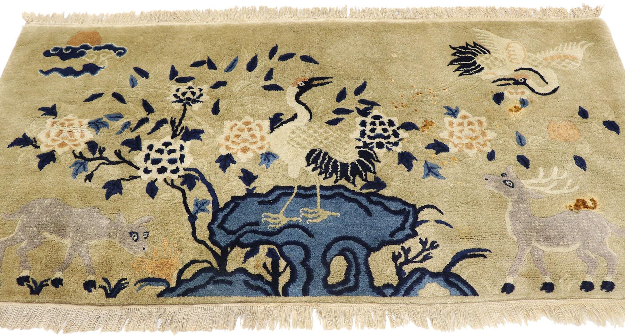 Antigua alfombra pictórica Art Decó china con grullas y ciervos Chino en venta