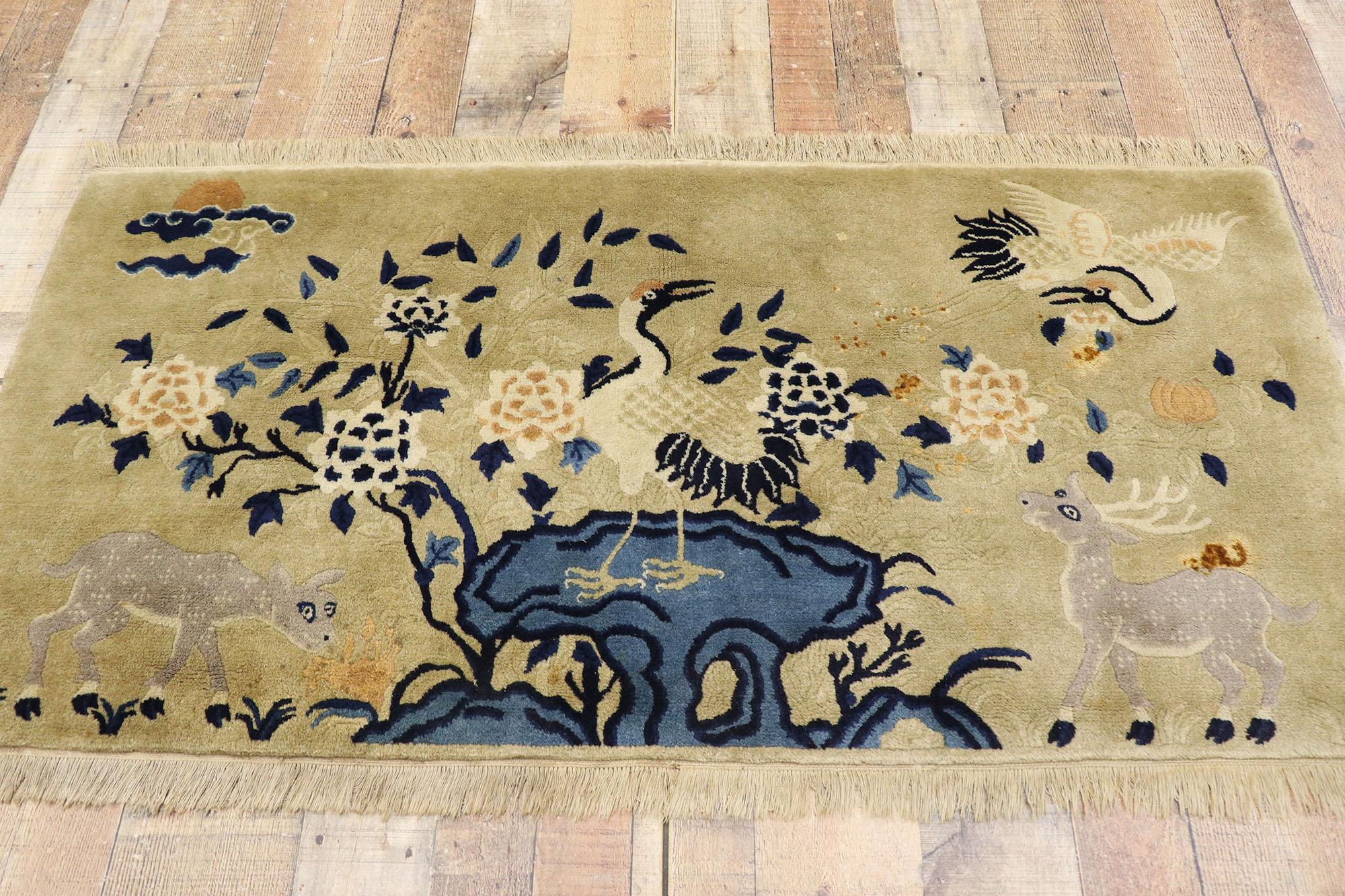 Laine Ancien tapis pictural chinois Art déco avec grues et cerfs en vente