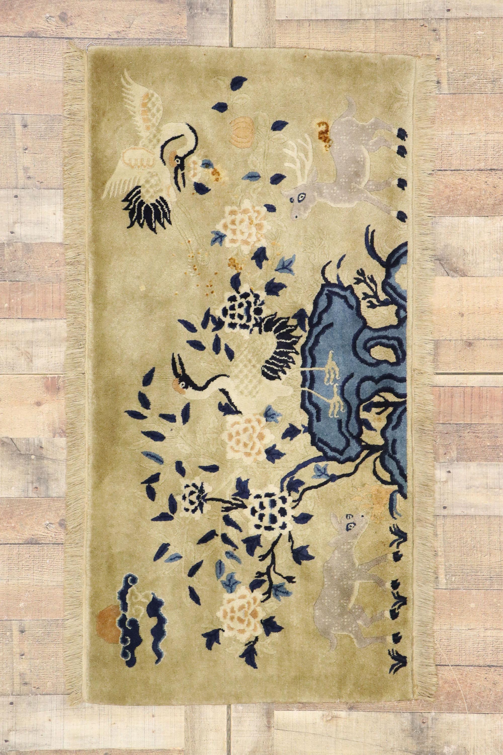 Ancien tapis pictural chinois Art déco avec grues et cerfs en vente 1
