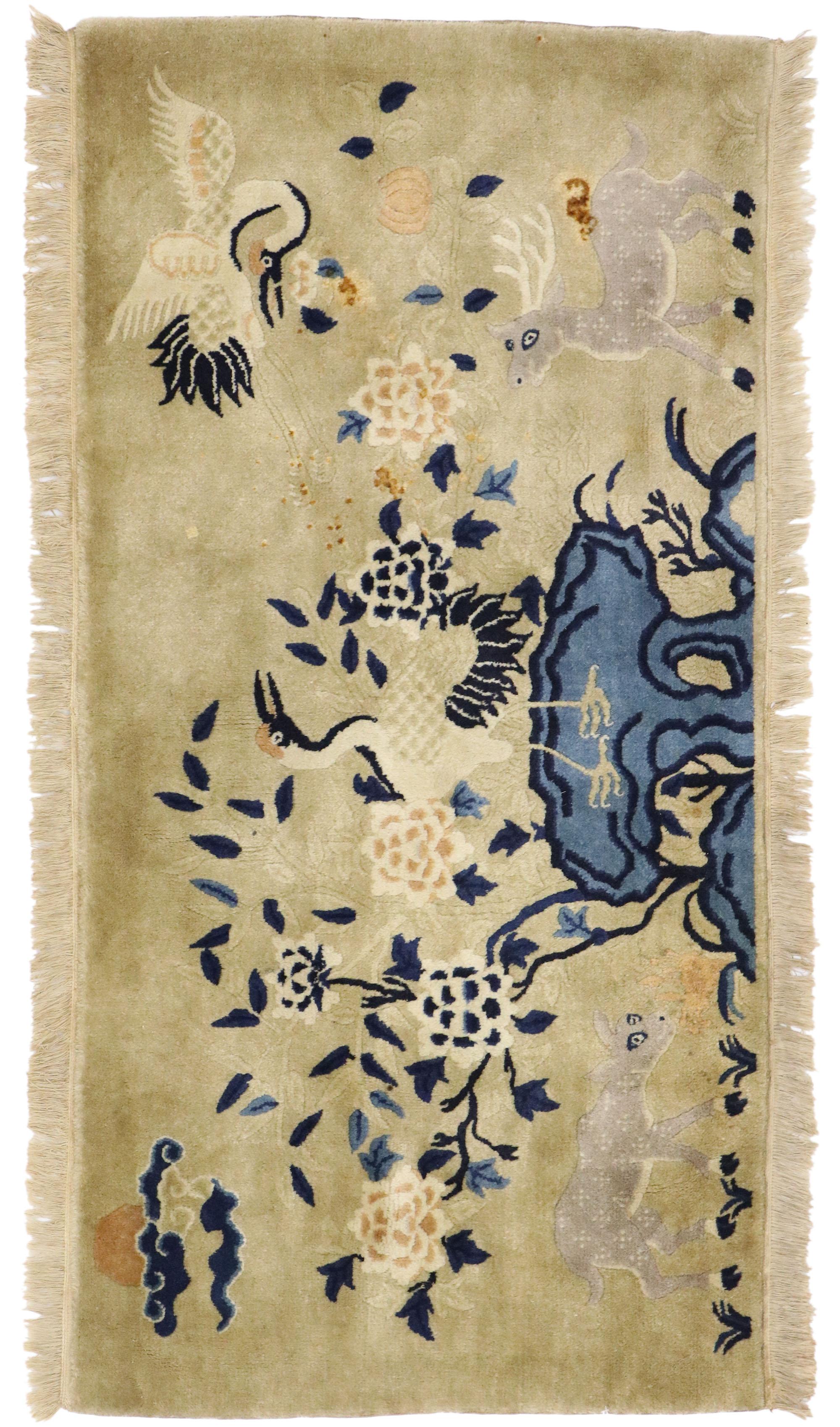 Ancien tapis pictural chinois Art déco avec grues et cerfs en vente 2
