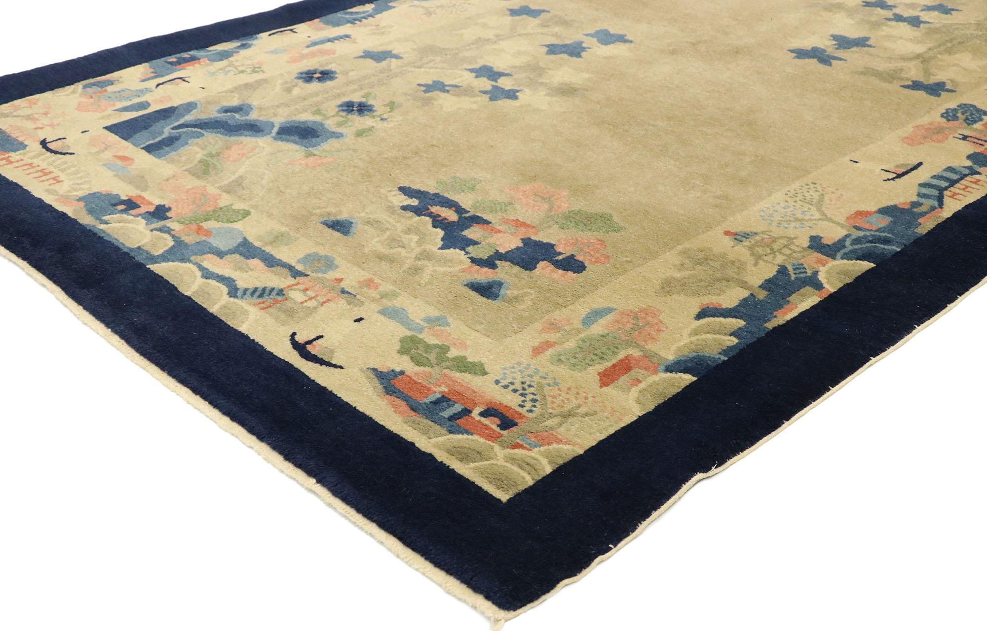 77448 Antique Chinese Art Deco Pictorial rug with landscape scenes and Chinoiserie style. This hand knotted wool antique Chinese Art Deco rug features landscape scenes of fishing villages on the river. In the lower left corner and upper right corner