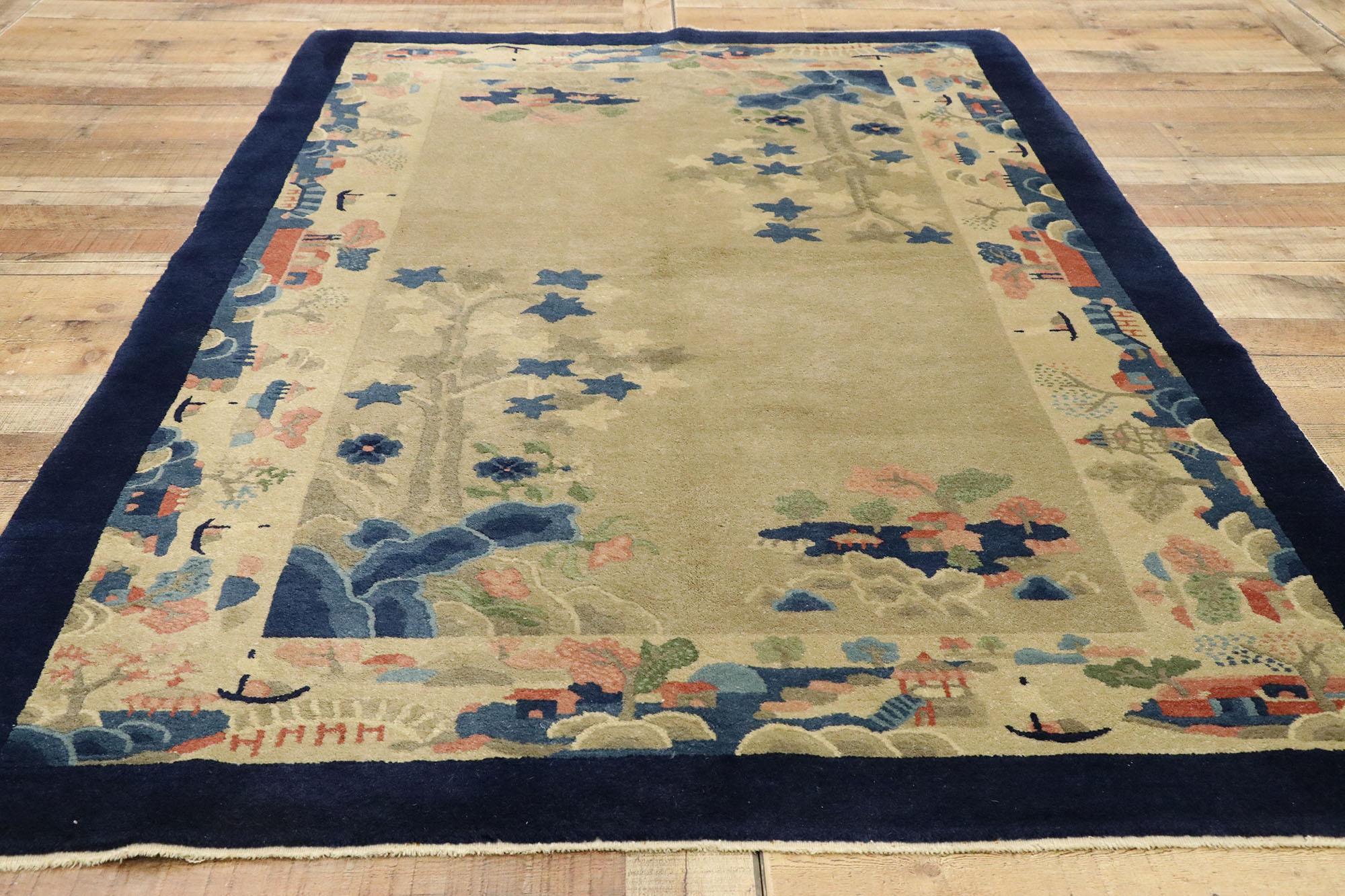 20th Century Antique Chinese Art Deco Pictorial Rug with Fishing Village Landscape Scenes