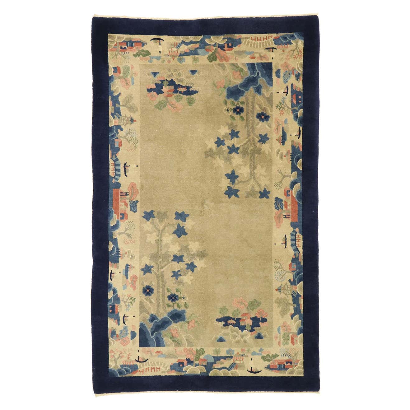 Antique Chinese Art Deco Pictorial Rug with Fishing Village Landscape ...