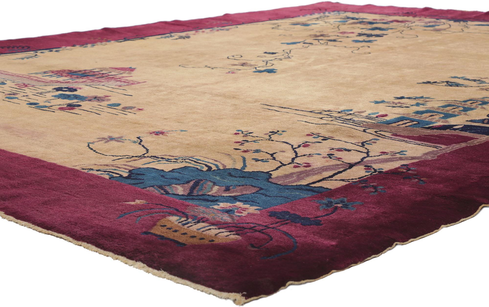 78175 Antique Chinese Art Deco Pictorial rug with Gazebo & Pagoda Scene 09'01 x 11'02. This hand knotted wool antique Chinese Art Deco rug features a color-blocked field features two wonderful landscape scenes composed of a pagoda, gazebo, intricate