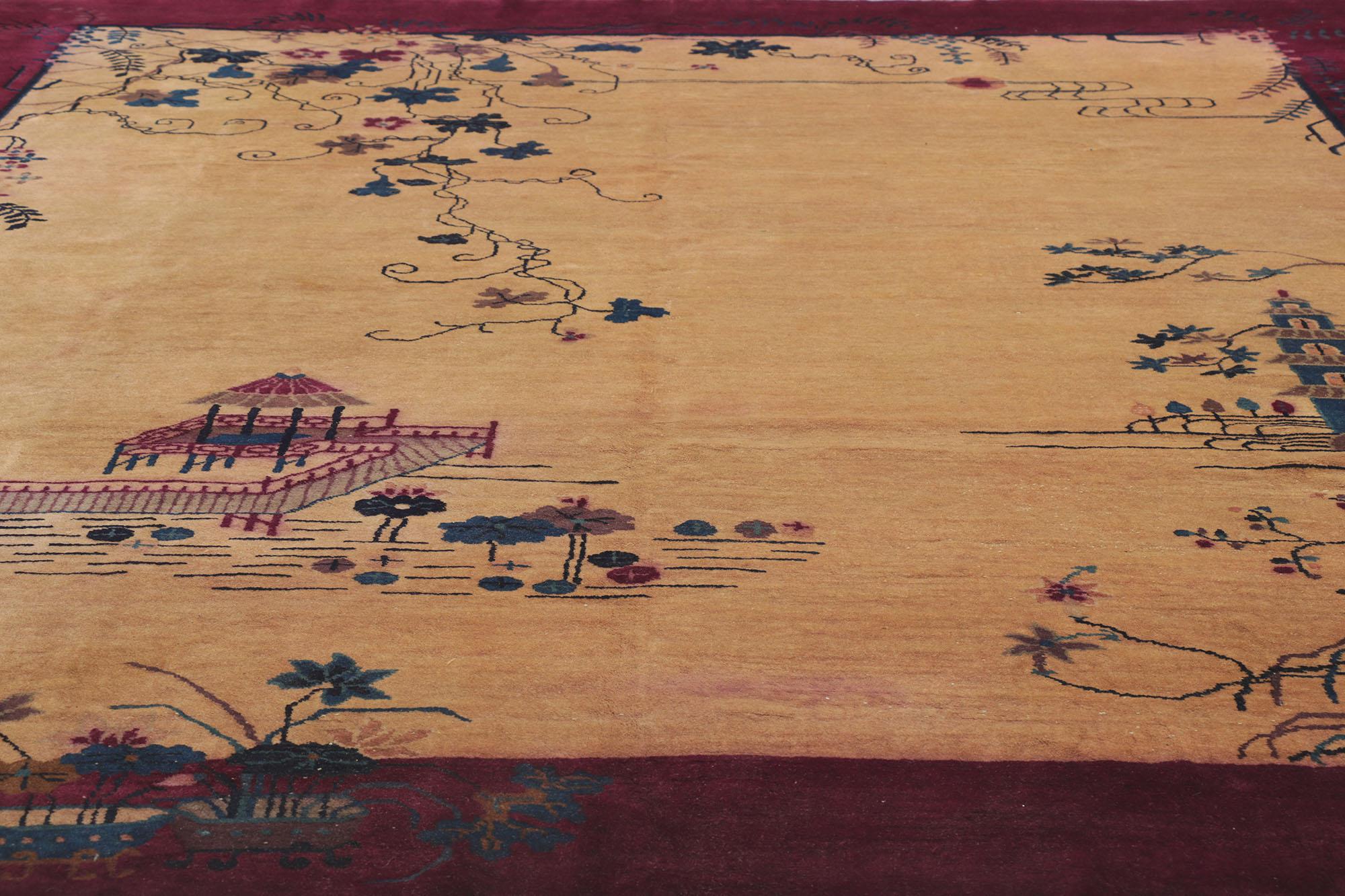 Hand-Knotted Antique Chinese Art Deco Pictorial Rug with Gazebo and Pagoda Scene For Sale