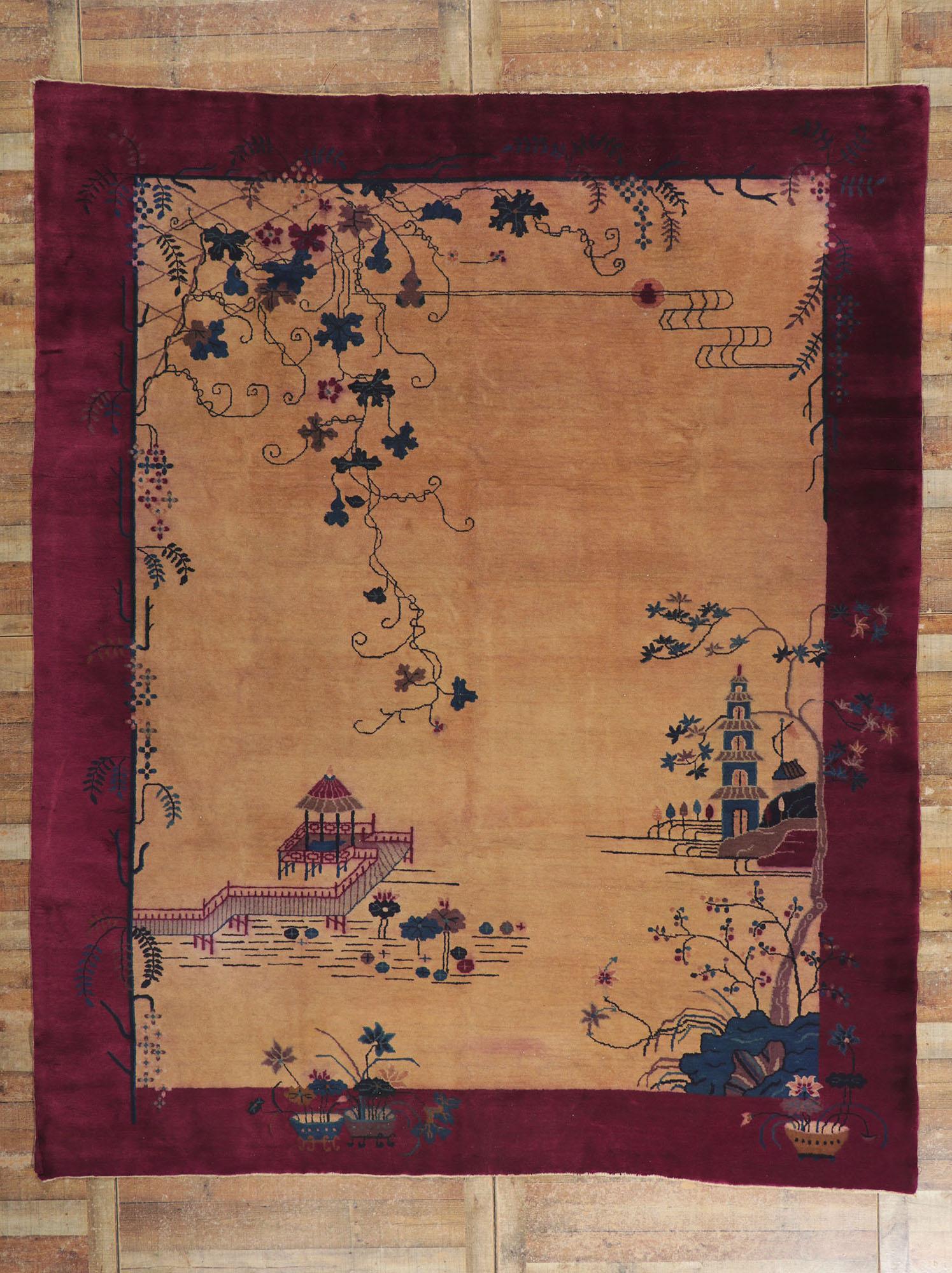 Antique Chinese Art Deco Pictorial Rug with Gazebo and Pagoda Scene For Sale 1