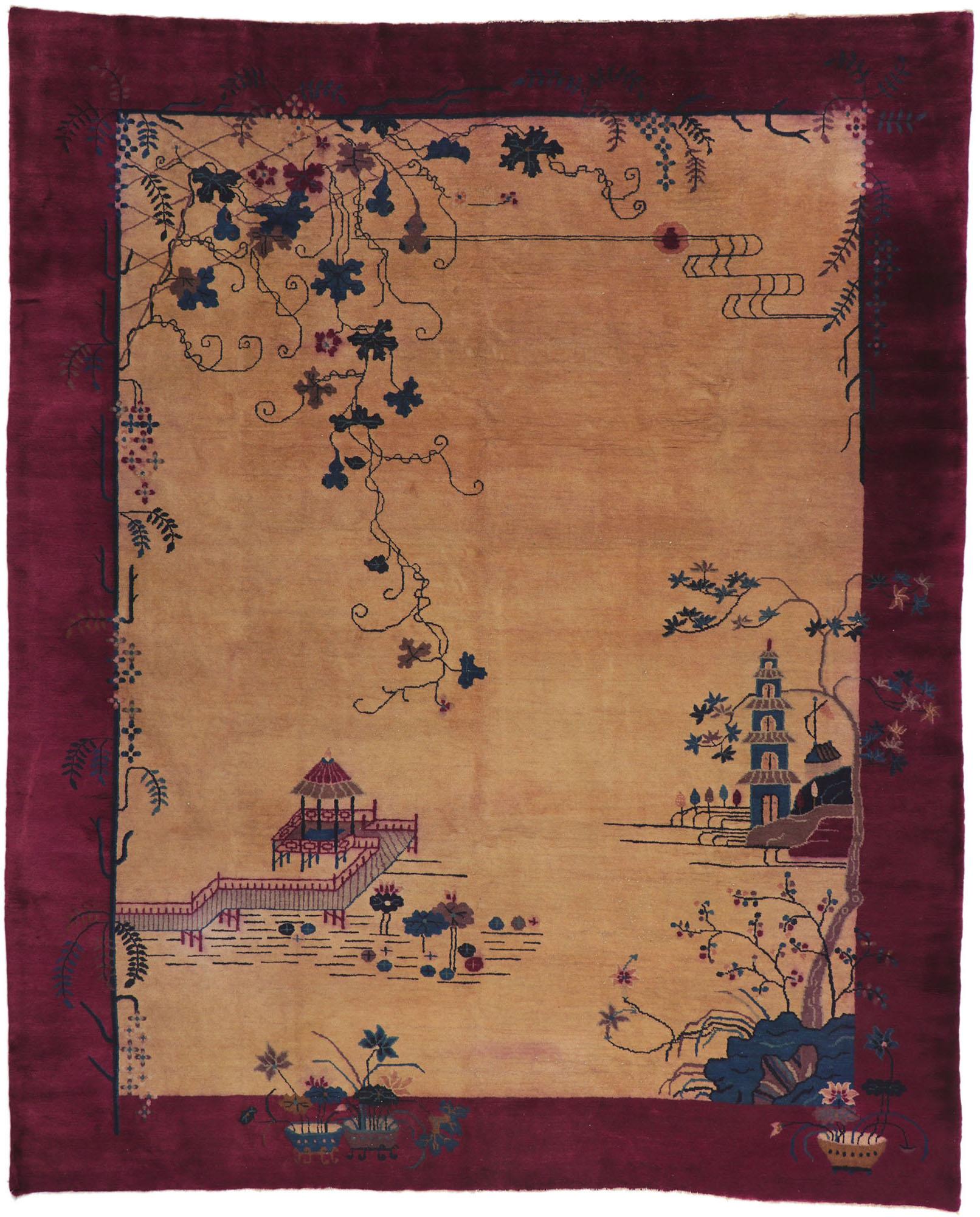 Antique Chinese Art Deco Pictorial Rug with Gazebo and Pagoda Scene For Sale 2
