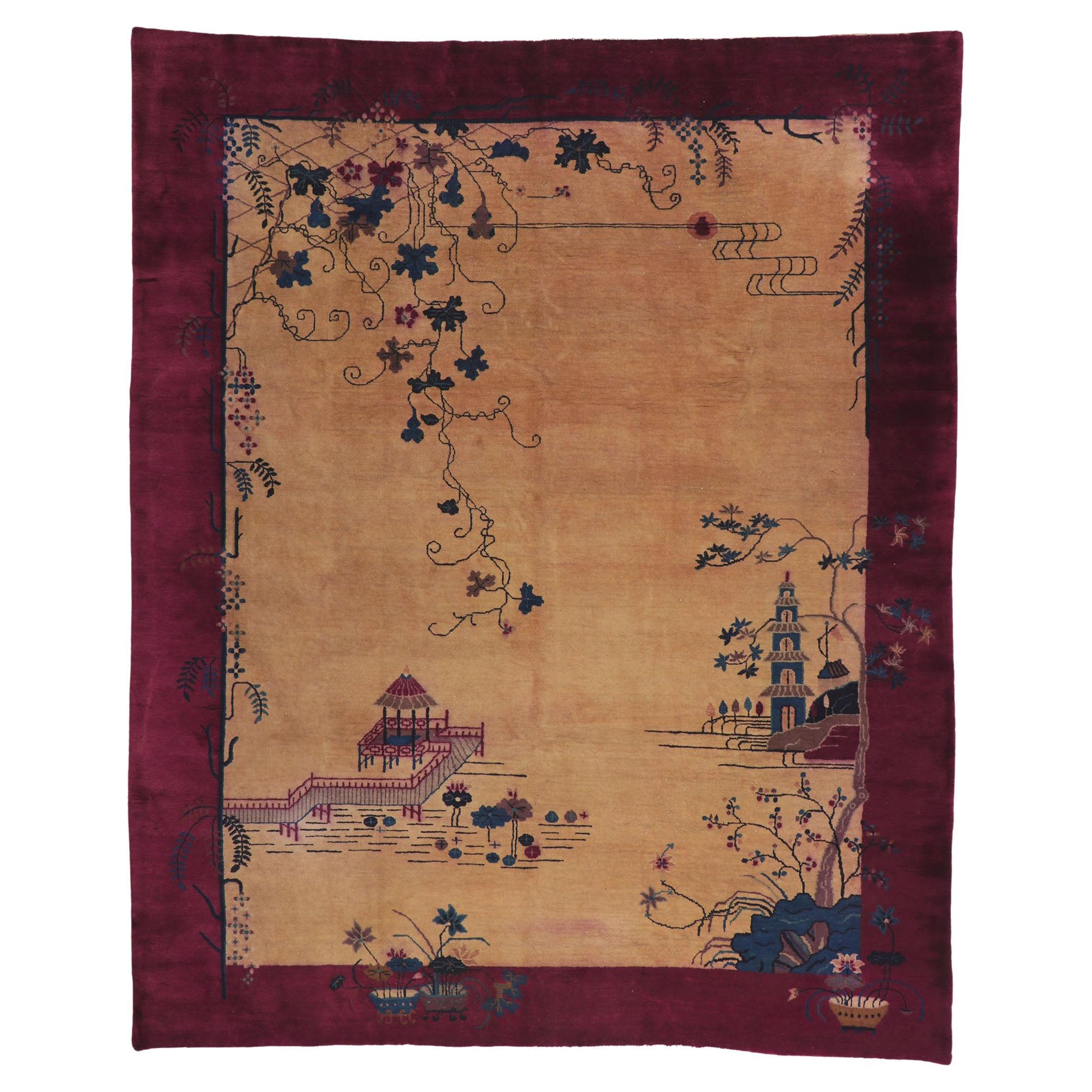 Ancien tapis pictural chinois Art Déco avec Gazebo et scène de pagode