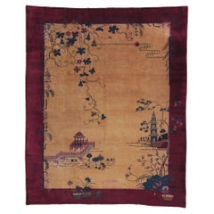 Ancien tapis pictural chinois Art Déco avec Gazebo et scène de pagode