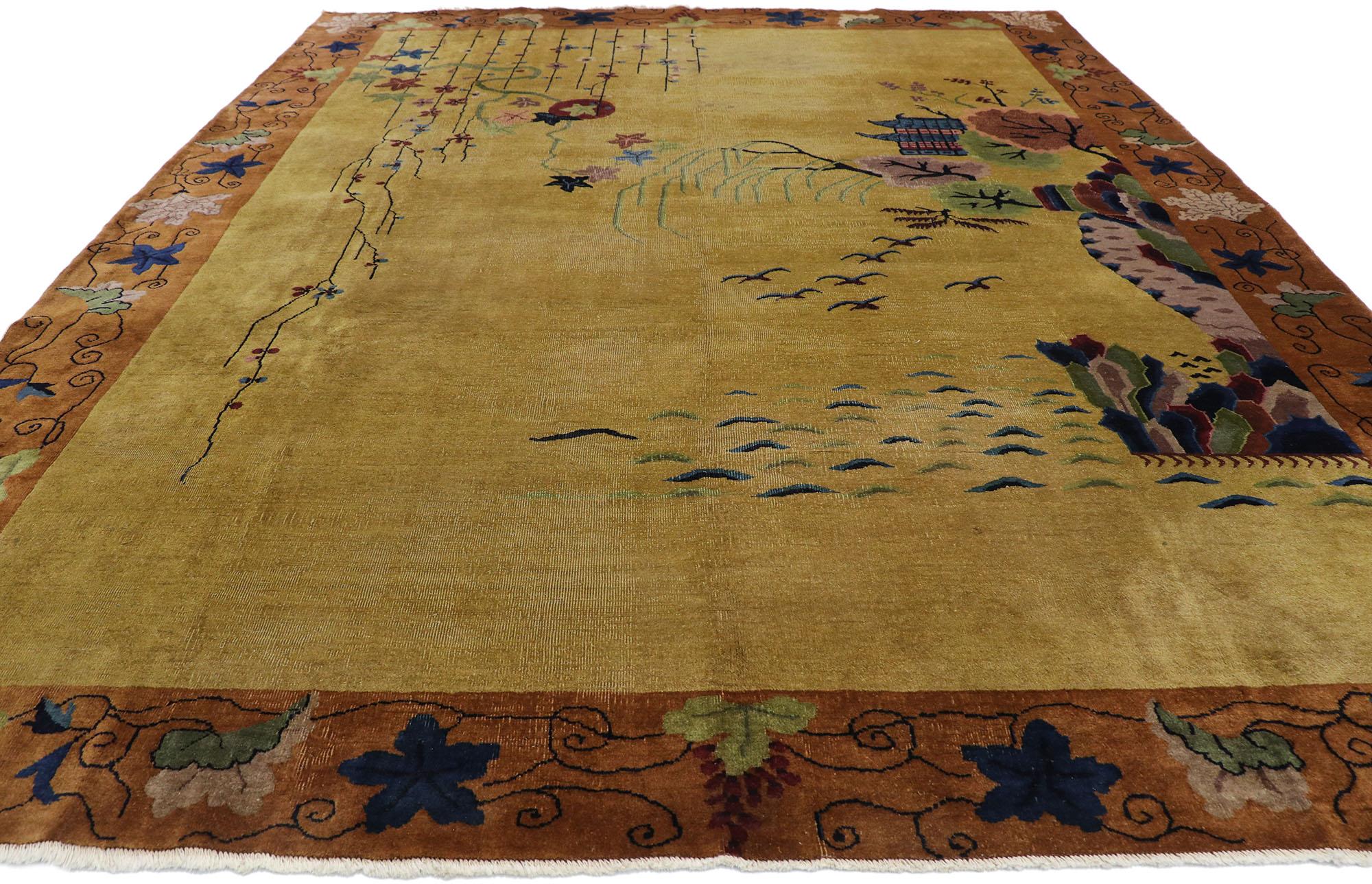 Hand-Knotted Antique Chinese Art Deco Pictorial Rug with Qing Dynasty Style