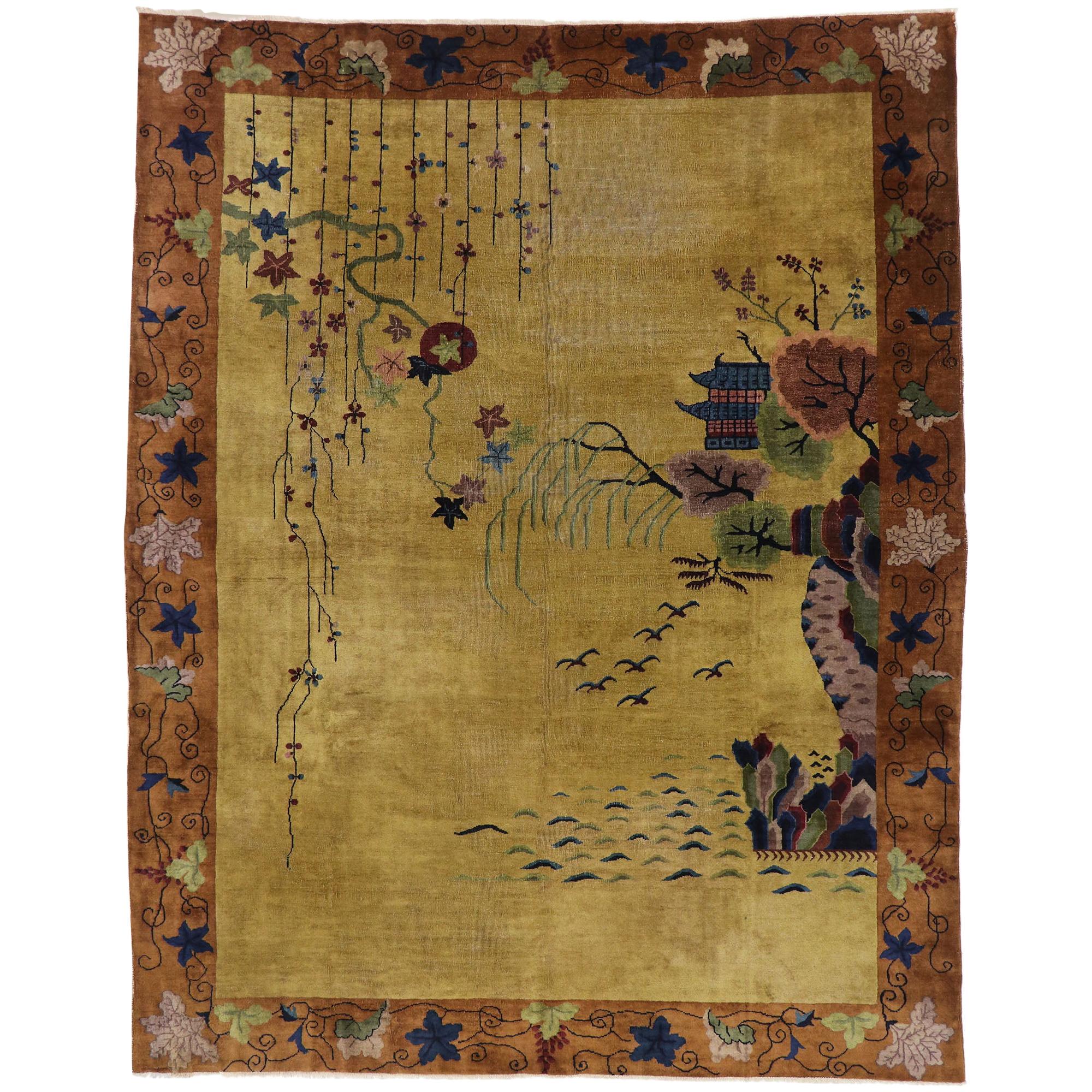 Antique Chinese Art Deco Pictorial Rug with Qing Dynasty Style