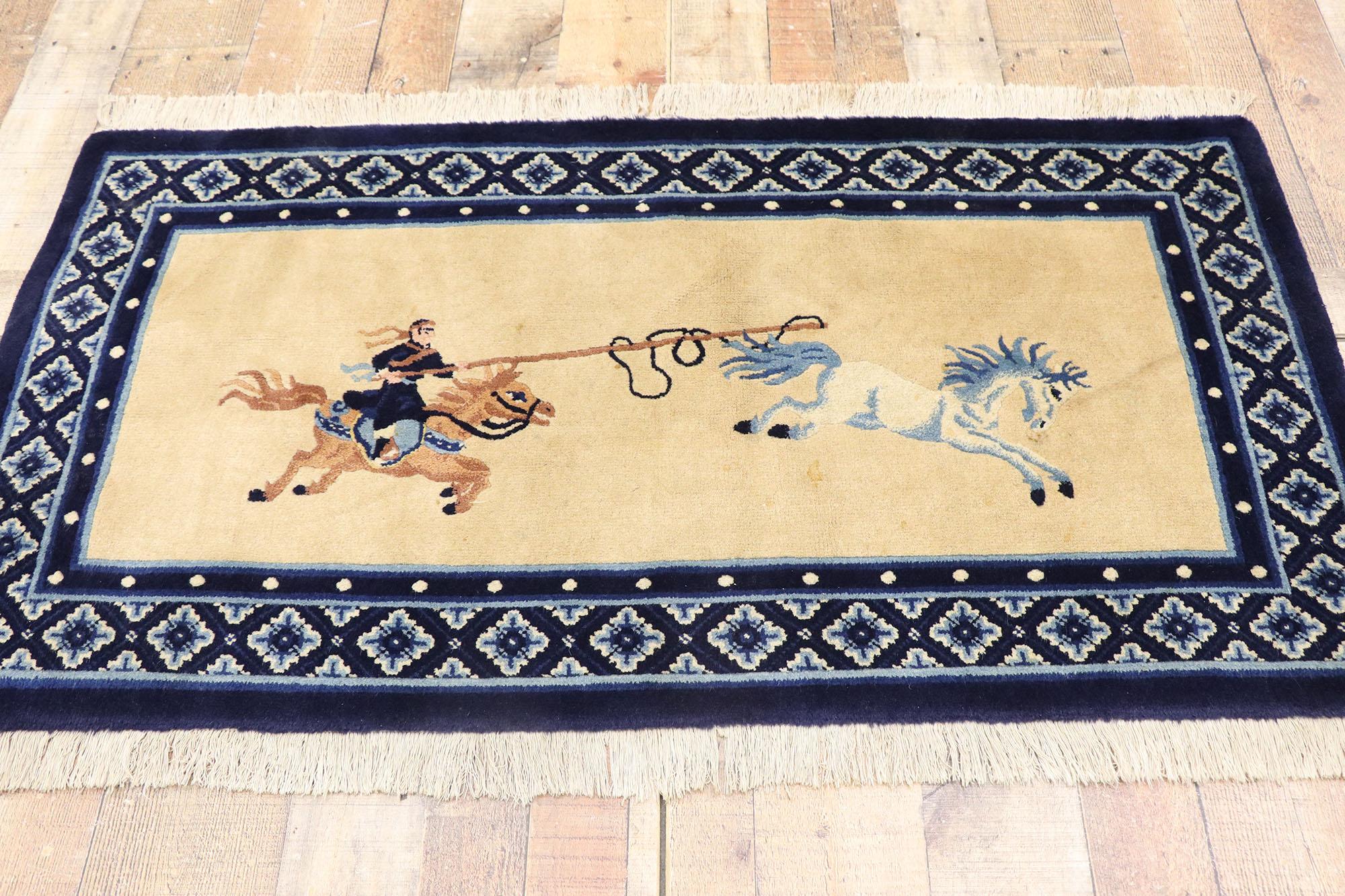 20th Century Antique Chinese Art Deco Pictorial Rug with Samurai and Wild Horse For Sale