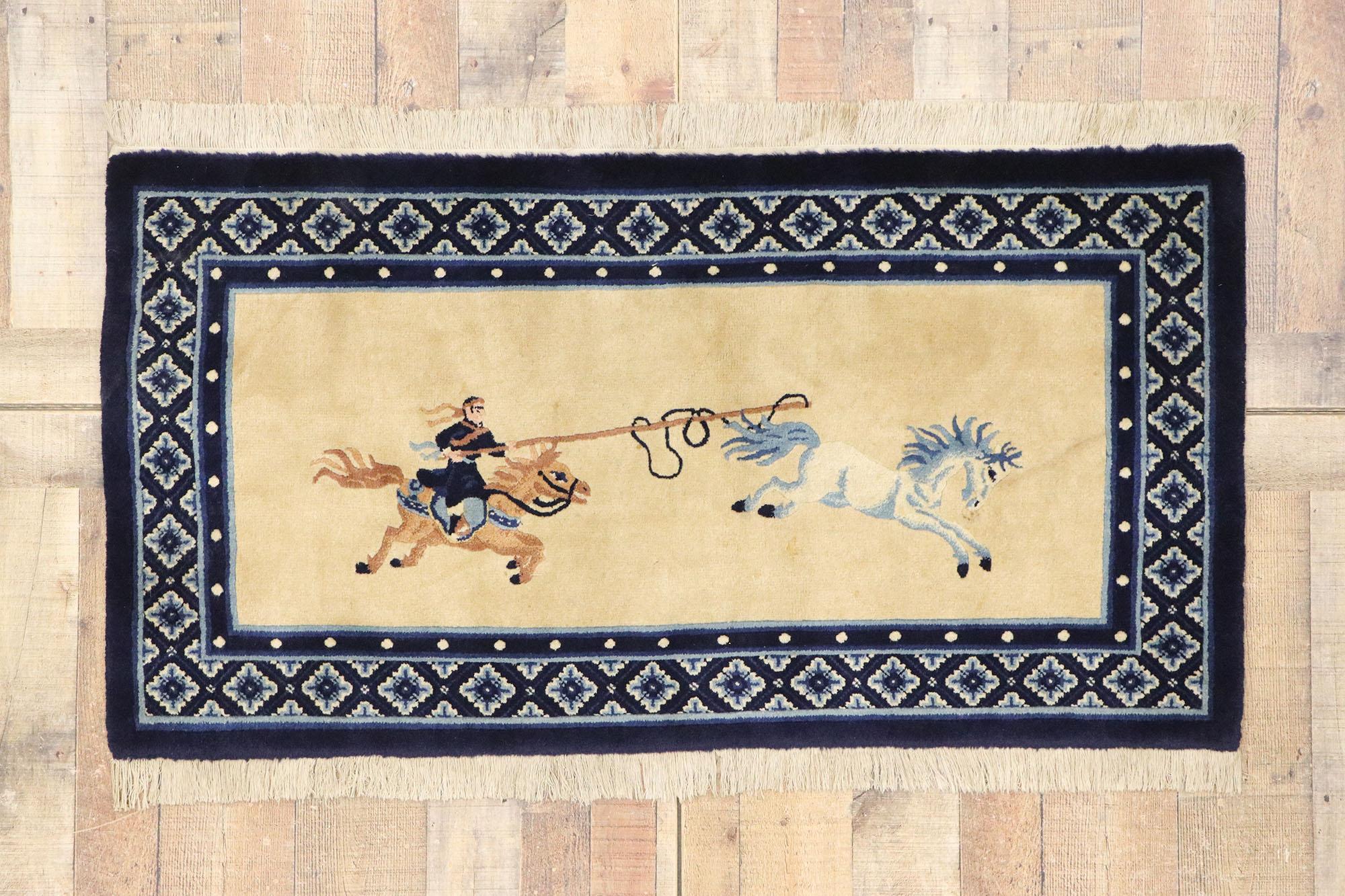 Wool Antique Chinese Art Deco Pictorial Rug with Samurai and Wild Horse For Sale
