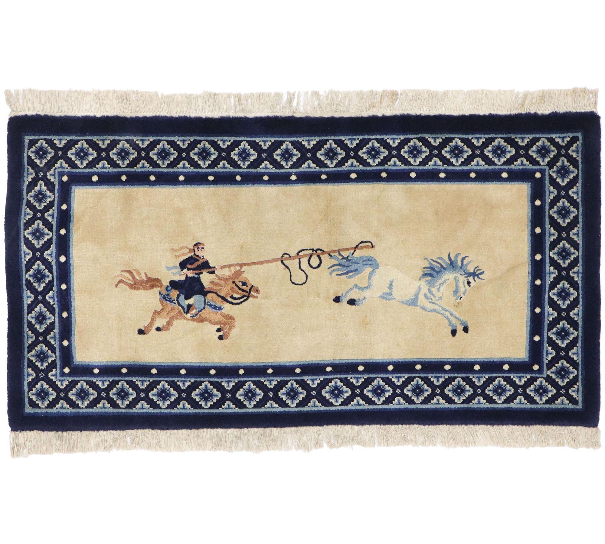 Antique Chinese Art Deco Pictorial Rug with Samurai and Wild Horse For Sale 1