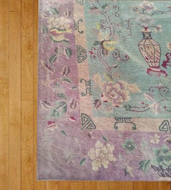 1920s Green Pink Floral Antique Chinese Art Deco Carpet 10' x 15'6" Wool Rug
