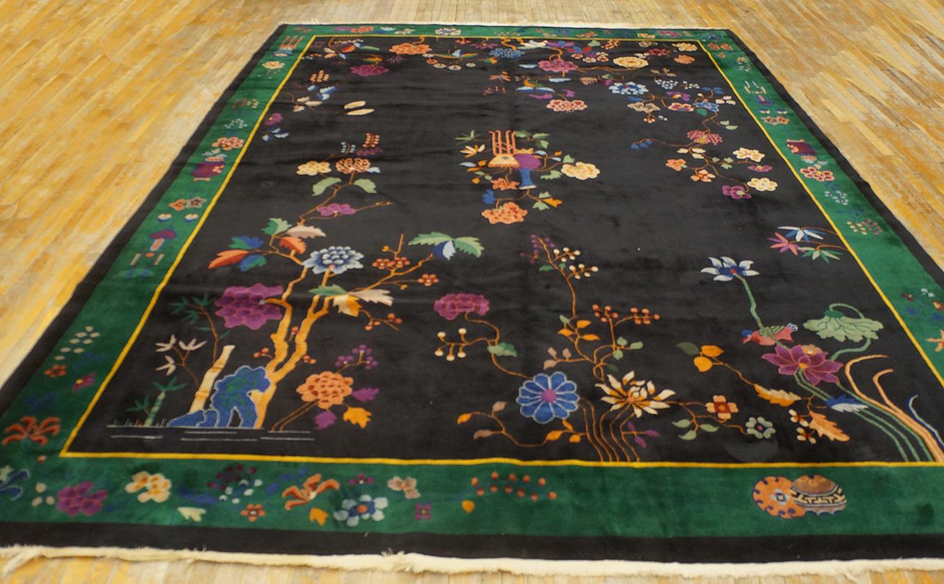 Hand-Knotted 1920s Black Chinese Art Deco Carpet ( 10' x 13' 6