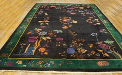 1920s Black Floral Modernist Antique Chinese Art Deco Carpet 10'x13'6" Wool Rug